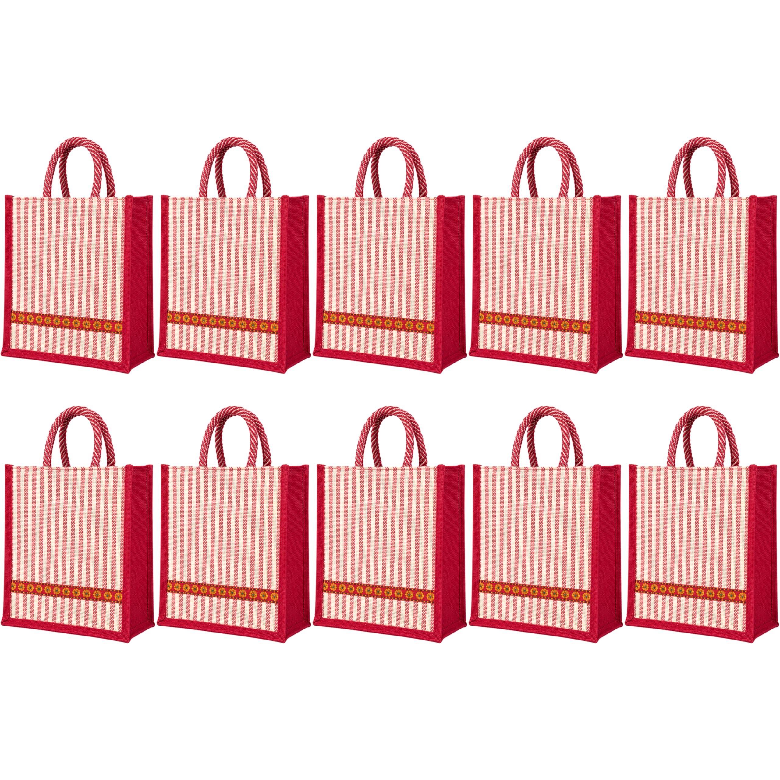 cantainoo Jute Bags for Return Gifts | Return Gift Bags | Eco-Friendly Reusable Jute Bags for Gifting, Shopping & Daily Use (10, Red Stripe Ethnic - Zip)