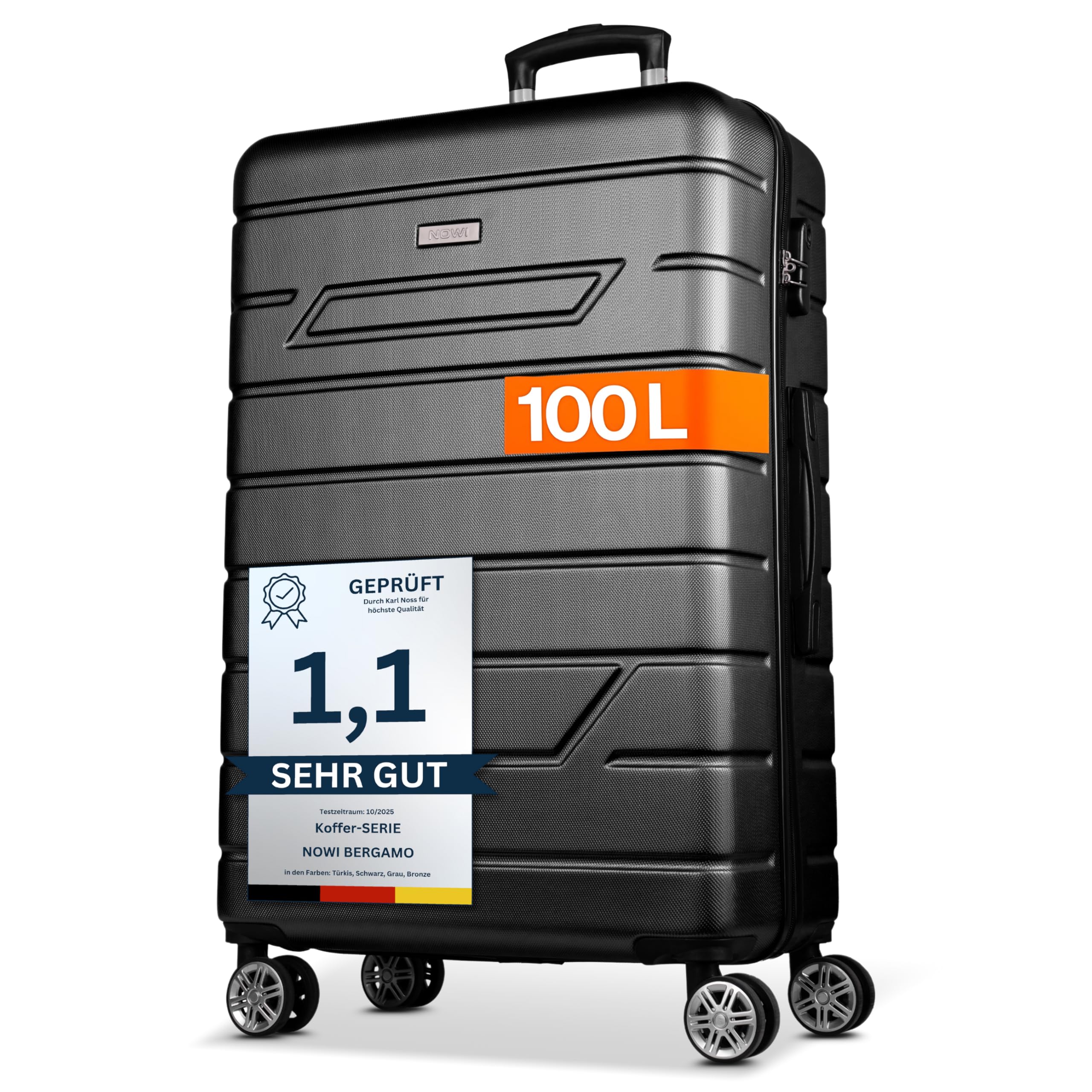NOWI Hartschalenkoffer XL Groß - 100L Volumen - 158cm Gurtmaß - 8 Rollen 360° drehbar - Leichter Koffer mit Zahlenschloss & Teleskopgestänge - Reisekoffer mit Rollen, Trolley (schwarz, XL)