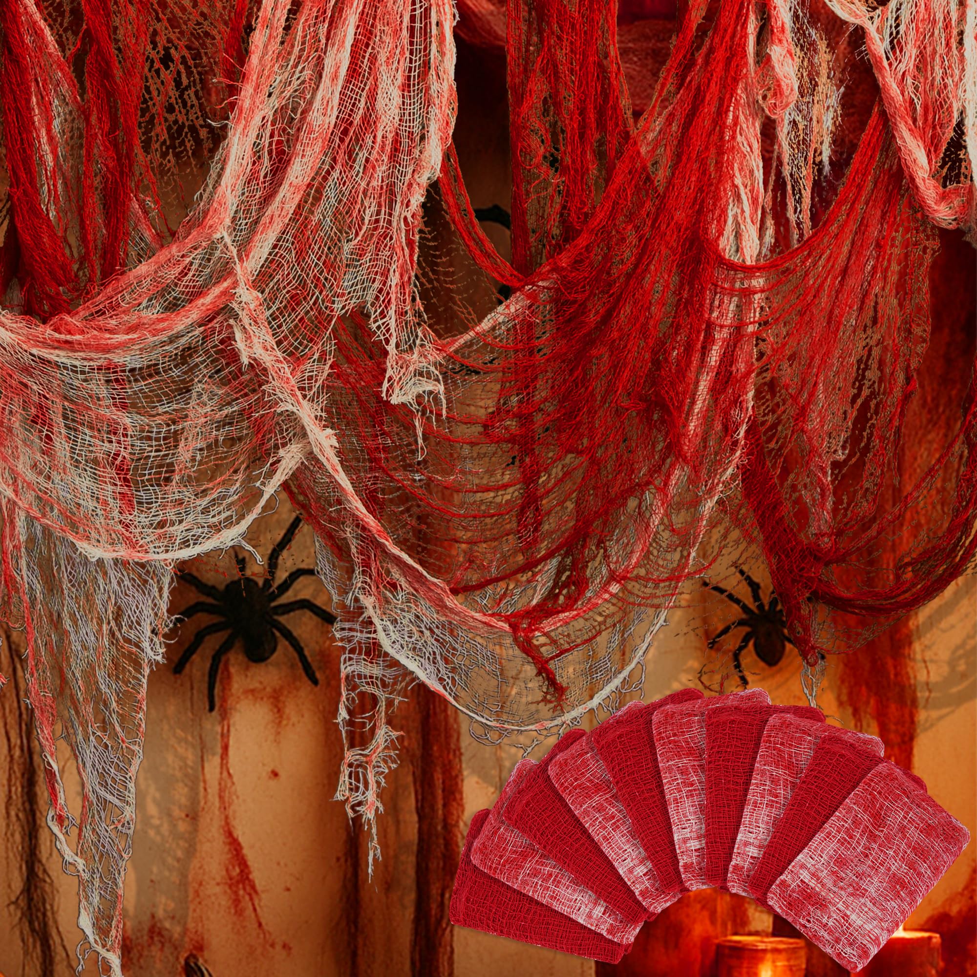 Photo 1 of Watayo 10 Pcs Red Bloody Halloween Creepy Cloth, 71" x 30" Haunted House Scary Gauze Decoration, Spooky Fabric Cloth Hanging Halloween Decor for Evil Circus Yard Doorway Horror Themed Party Supplies