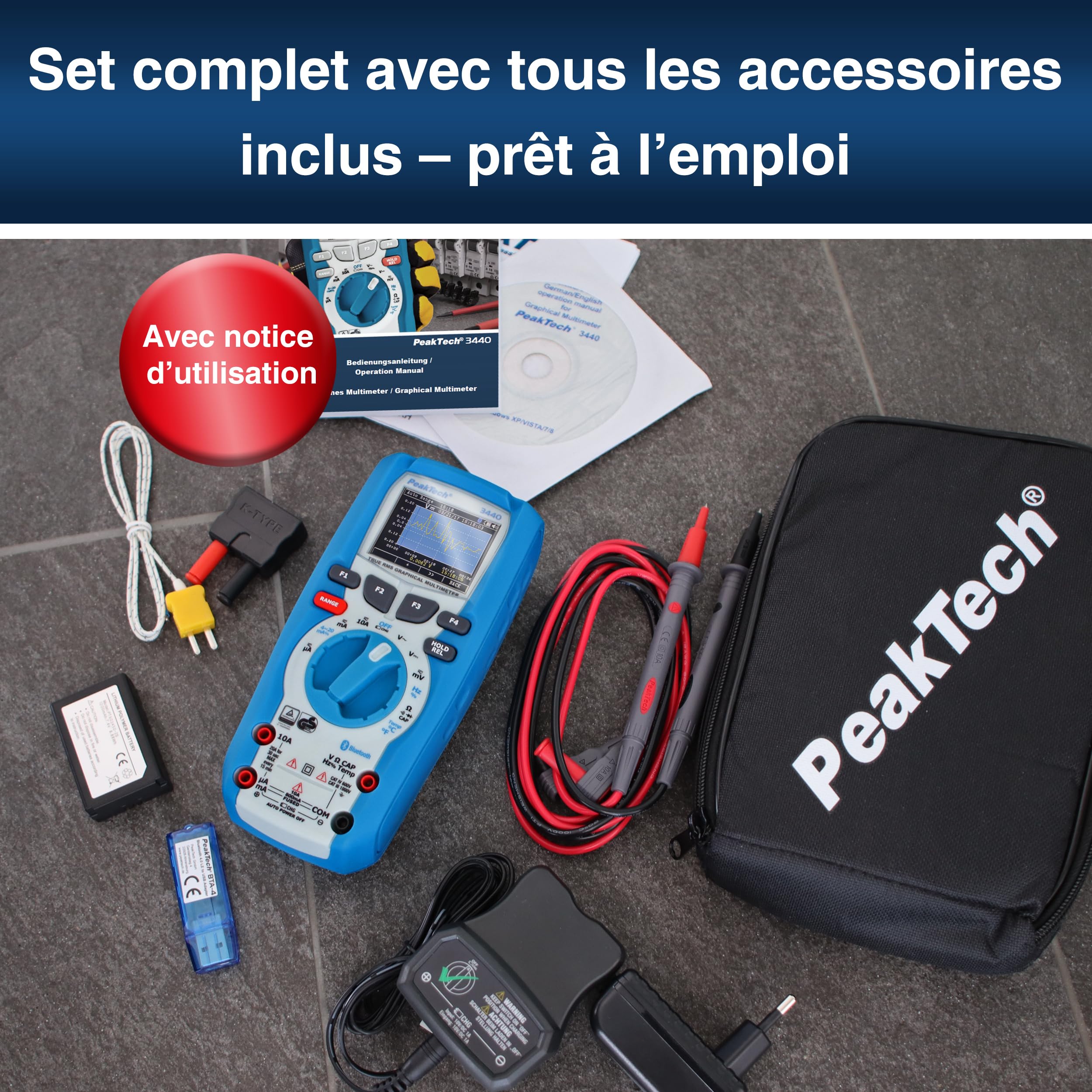 PeakTech 3440 - Multimètre Numérique True RMS avec 4.0 Bluetooth et Affichage Graphique, 50000 counts, Multimètre Manuel Professionnel, TÜV/GS, Autorange, Voltmètre - CAT III 1000V