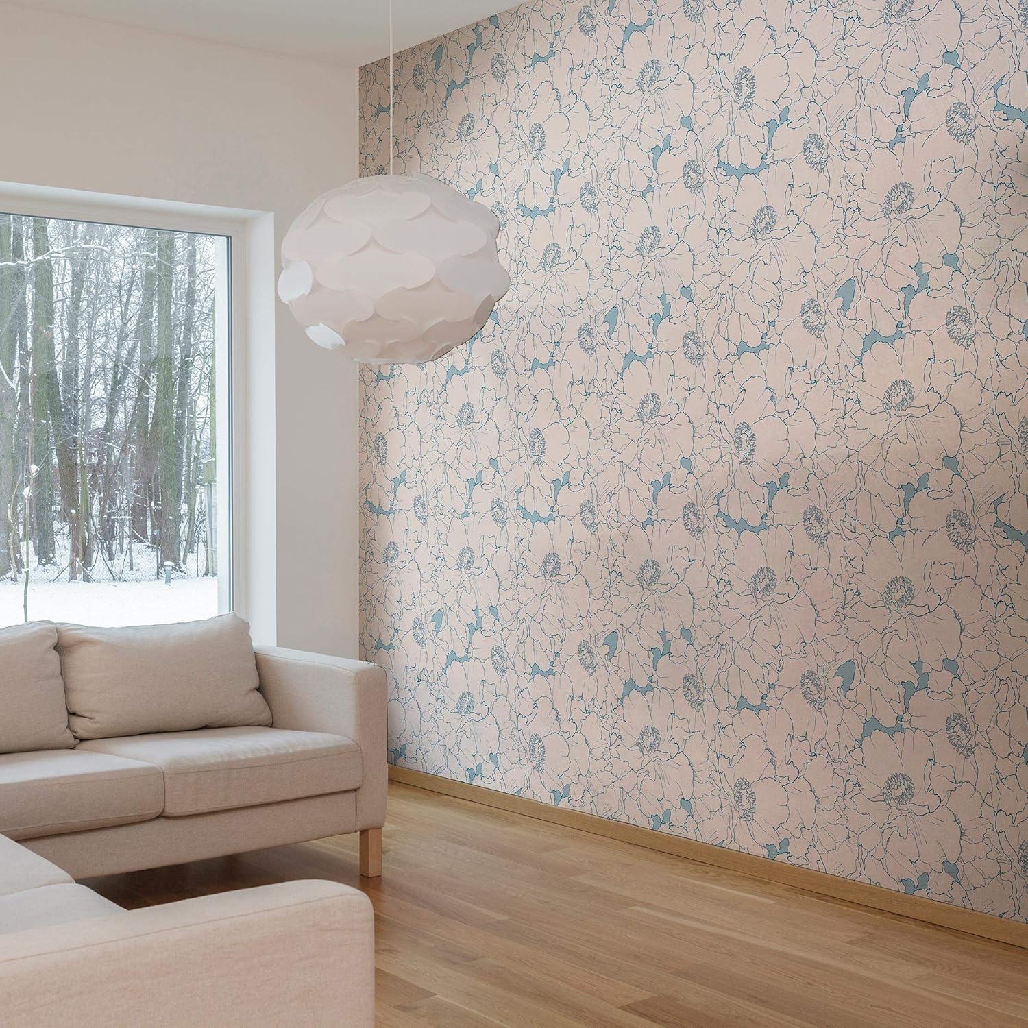 Walls By Me Peel and Stick Beige and Blue Motif Floral Removable Wallpaper 3382-2ft x 4ft (61x122cm)
