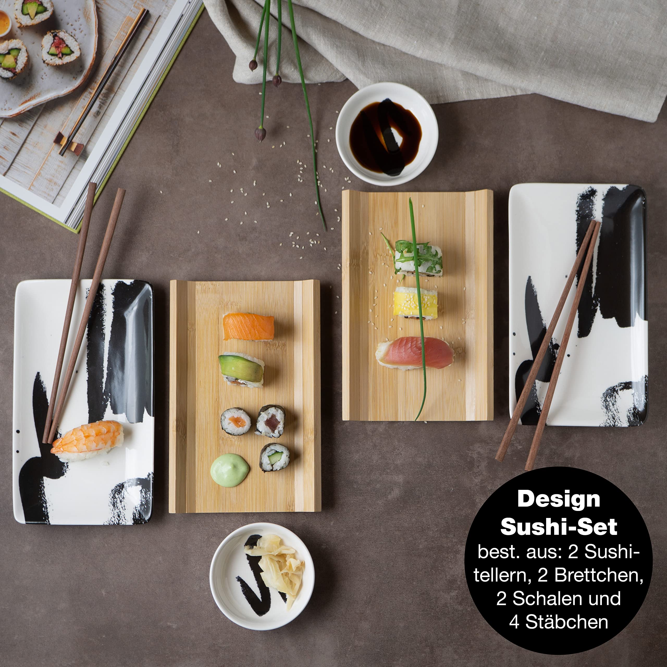 Moritz & Moritz 8-tlg. Sushi Geschirr Set für 2 Personen - Sushi Servierset mit 2x Sushi-Teller, Dip-Schälchen und Stäbchen