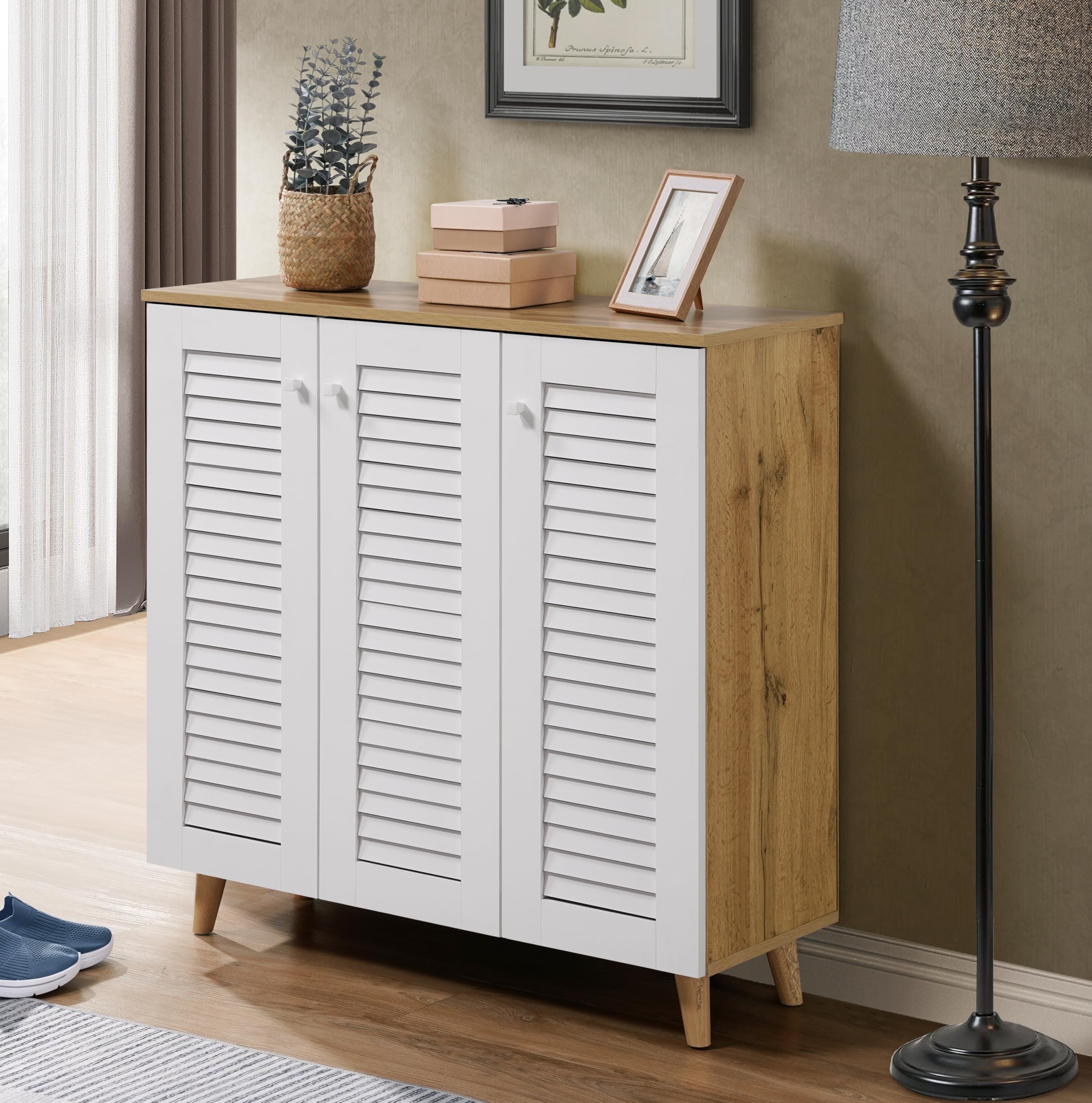 DeckUp Ariana Engineered Wood 3-Door Shoe Rack (Wotan Oak & White, Matte Finish)-image-49