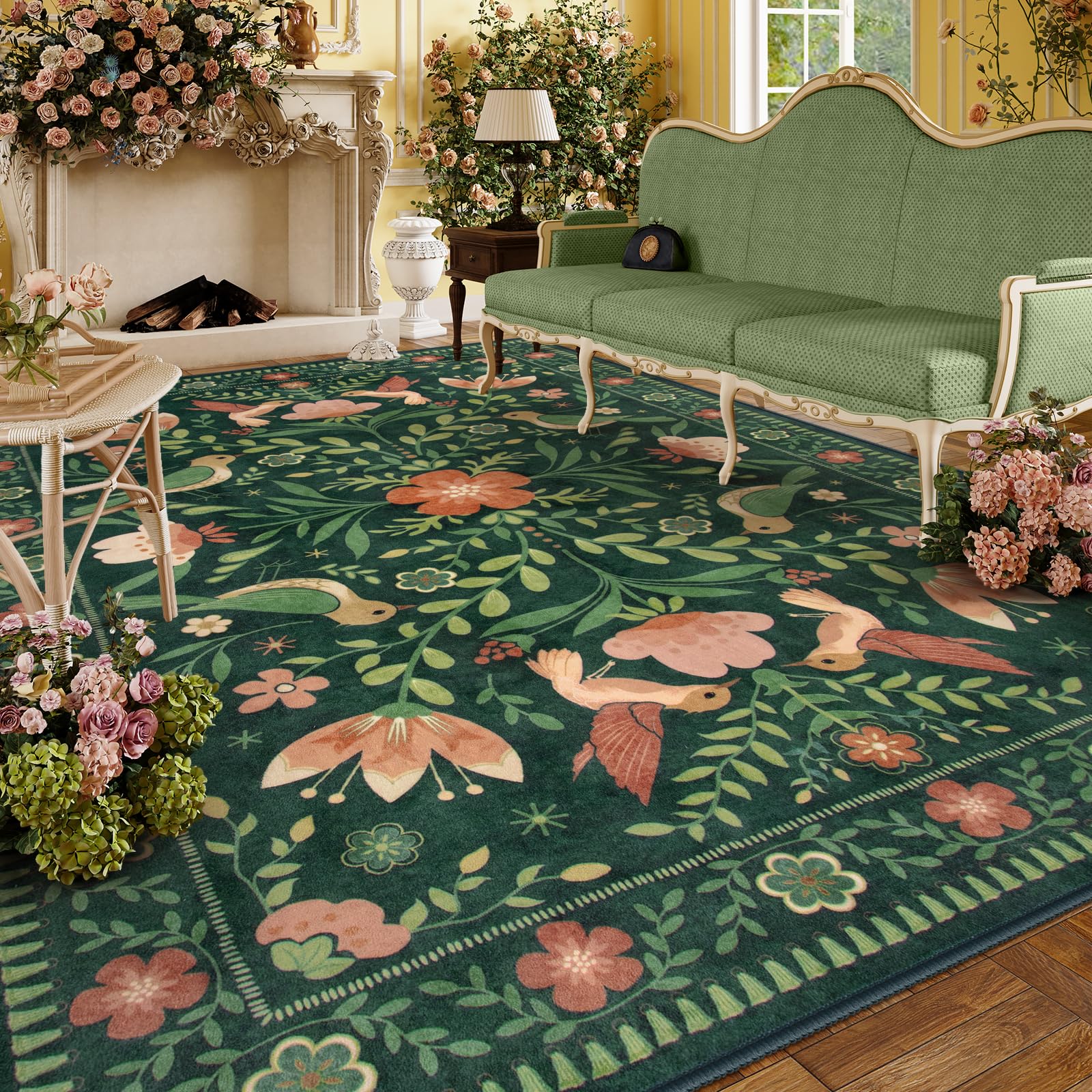 Moynesa Area Rugs 9x12 Green Vintage Home Decor, Modern Cottage Farmhouse Aesthetic Floral Bird Medallion Carpet for for Living Room Bedroom Dining