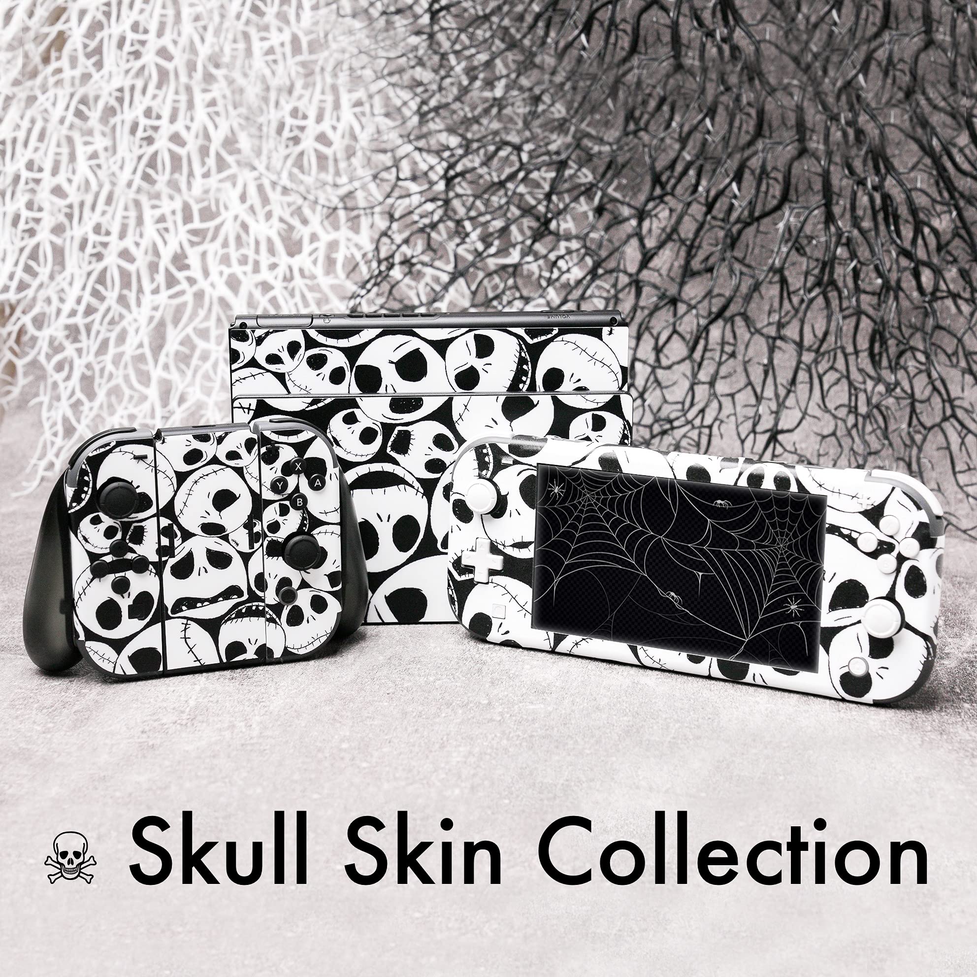 BelugaDesign Skulls Switch Skin | Adesivo Gotico in Vinile per Switch | Decalcomania per Halloween da Incubo | Compatibile con Nintendo Switch (Switch Lite, Nero Bianco)