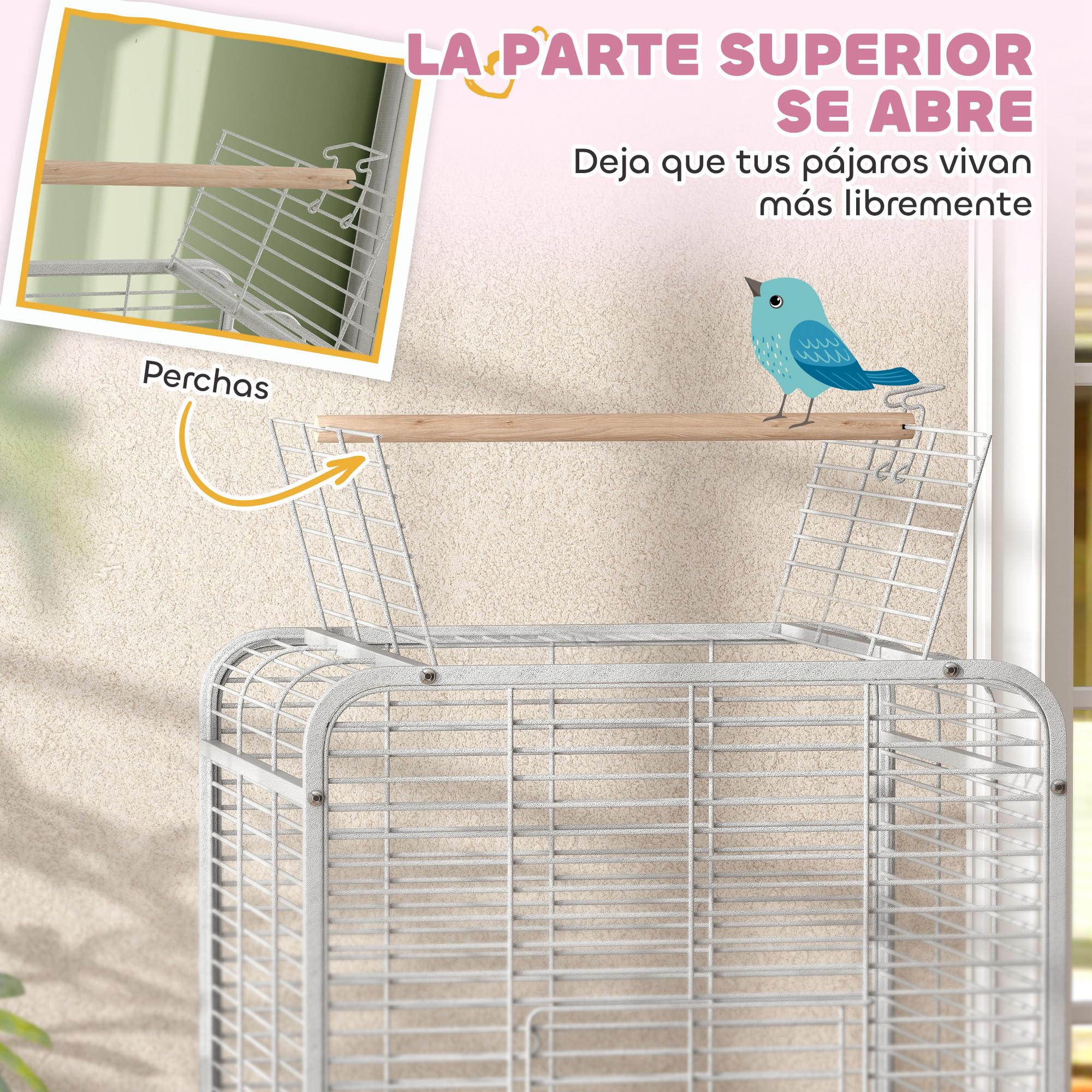 PawHut Jaula para Pájaros con Ruedas Jaula para Loros Bandeja Desmontable y Perchas Comederos Pajarera para Cotorras Cacatúas 79x73x146 cm Gris Claro
