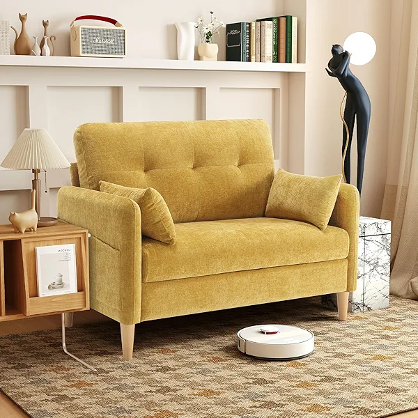 Urhanherry 47" Small Sofa Couch for Bedroom, Soft Chenille loveseat Mini Couch with Throw Pillow and Removable Cushion Cover for Small Spaces, Living Room, Apartment, Dorm, Office(Yellow)