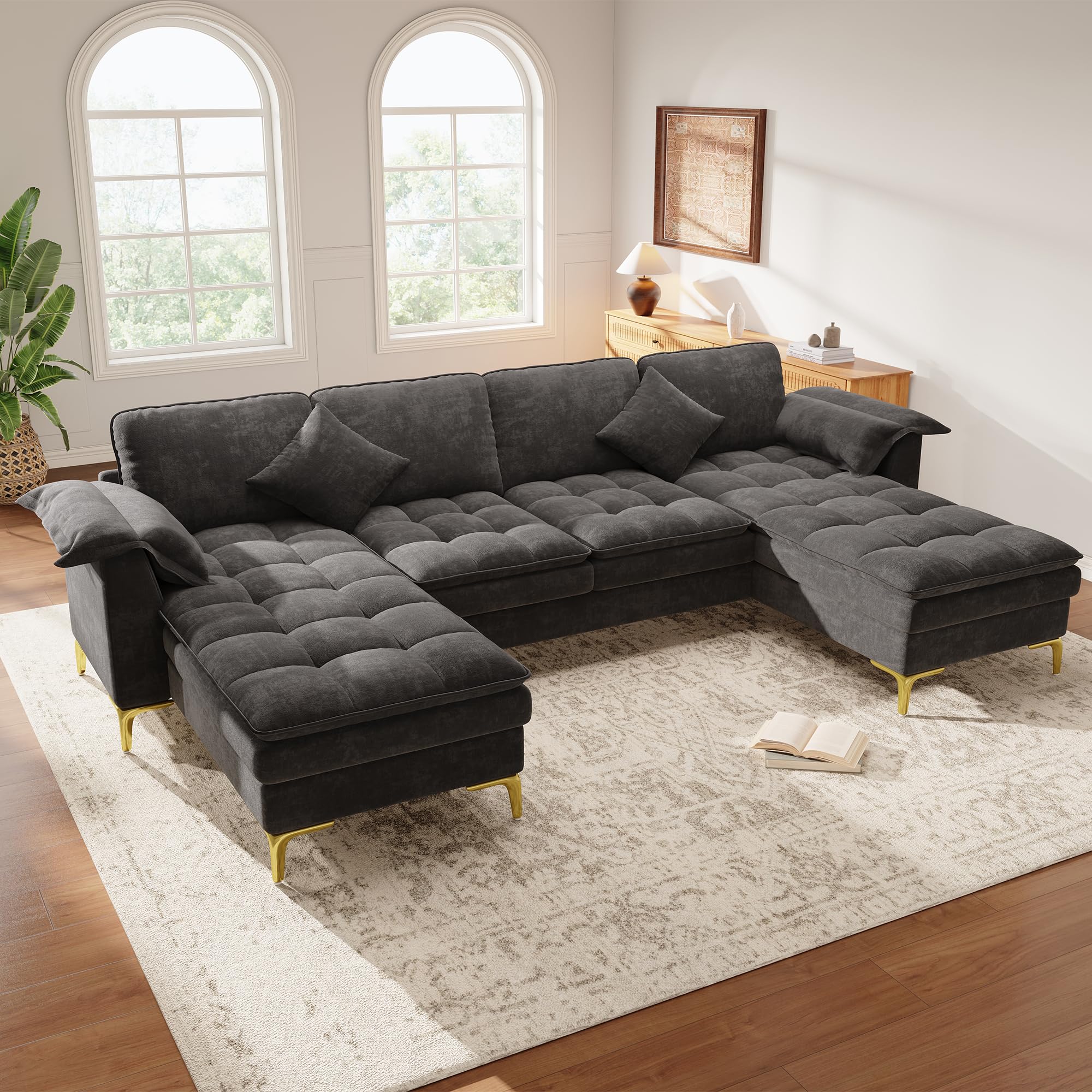 Sofá esquinero en forma de U, diseño modular de 4 plazas con efecto nube y cojín de espuma de doble capa, incluye 2 chaise longues, 2 cojines, patas de metal doradas, funda de chenilla, adecuado para