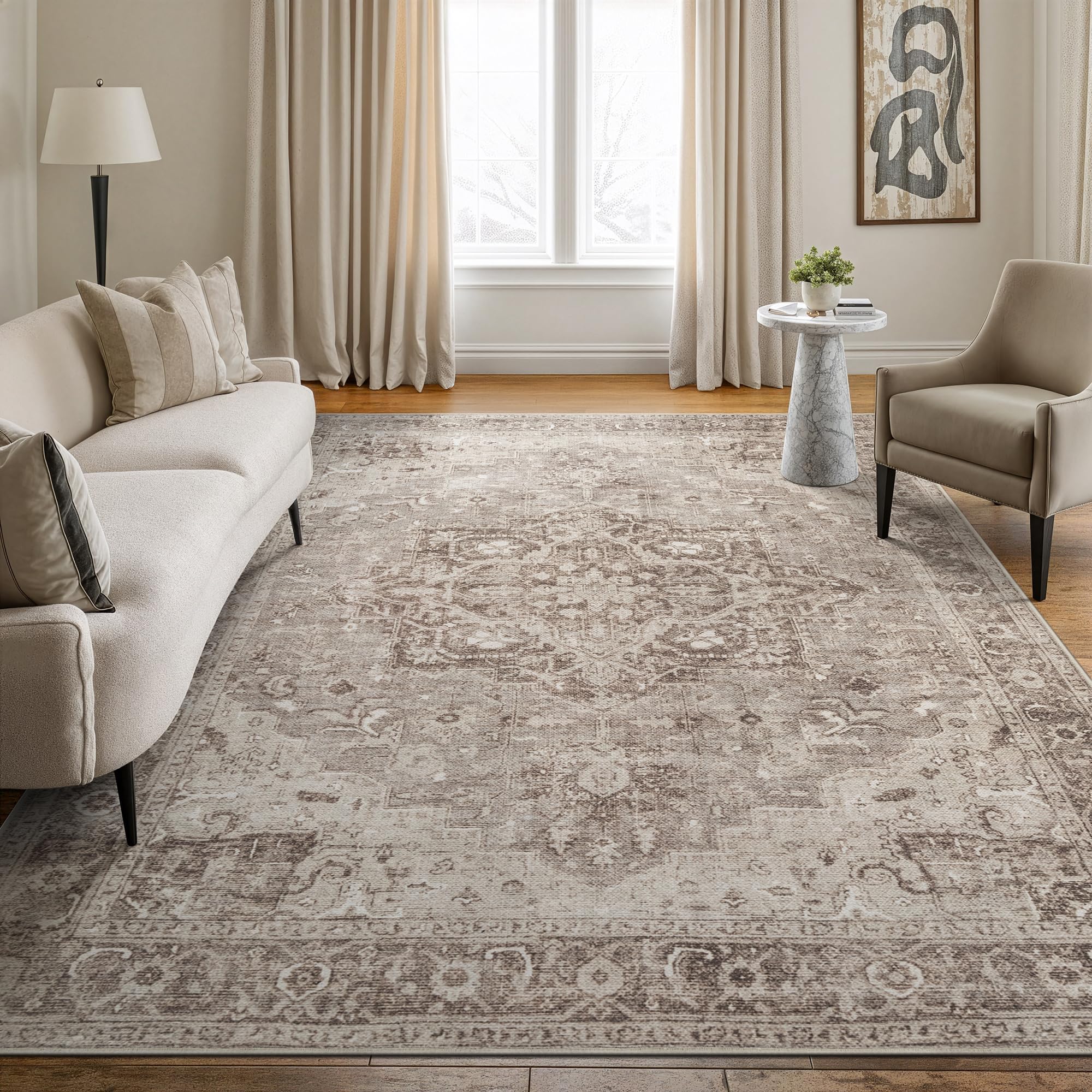 Bloom Rugs Washable Non-Slip 8' x 10' Rug - Beige/Gray Traditional Area Rug for Living Room, Bedroom, Dining Room, and Kitchen - Exact Size: 8' x 10'