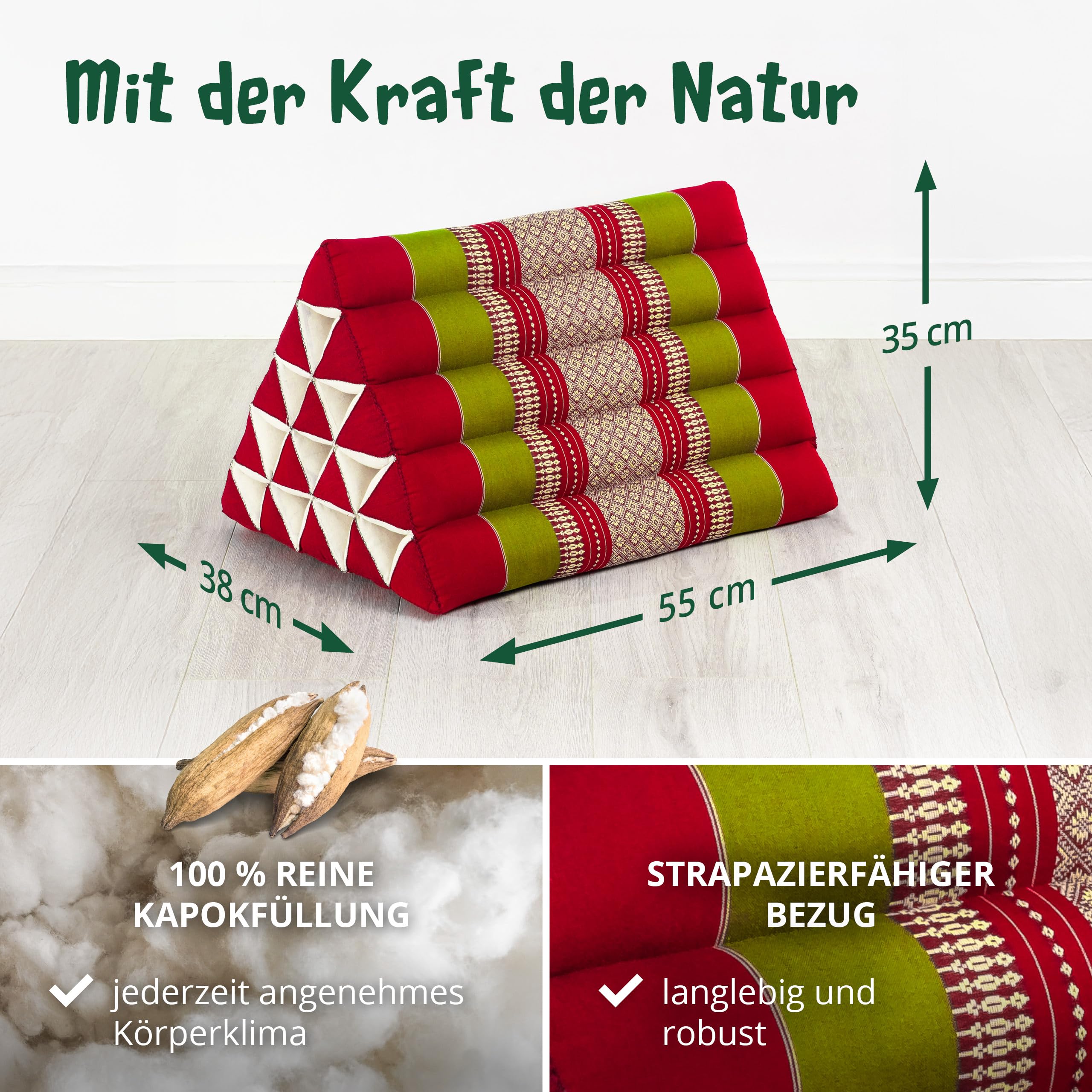 livasia Rückenstützkissen extrahoch - 38x55x35cm - Dreieckskissen für Garten und Balkon, Keilkissen mit Kapok, Lagerungskissen für Beine, handgefertigt, Meditationskissen (Rot/Grün)