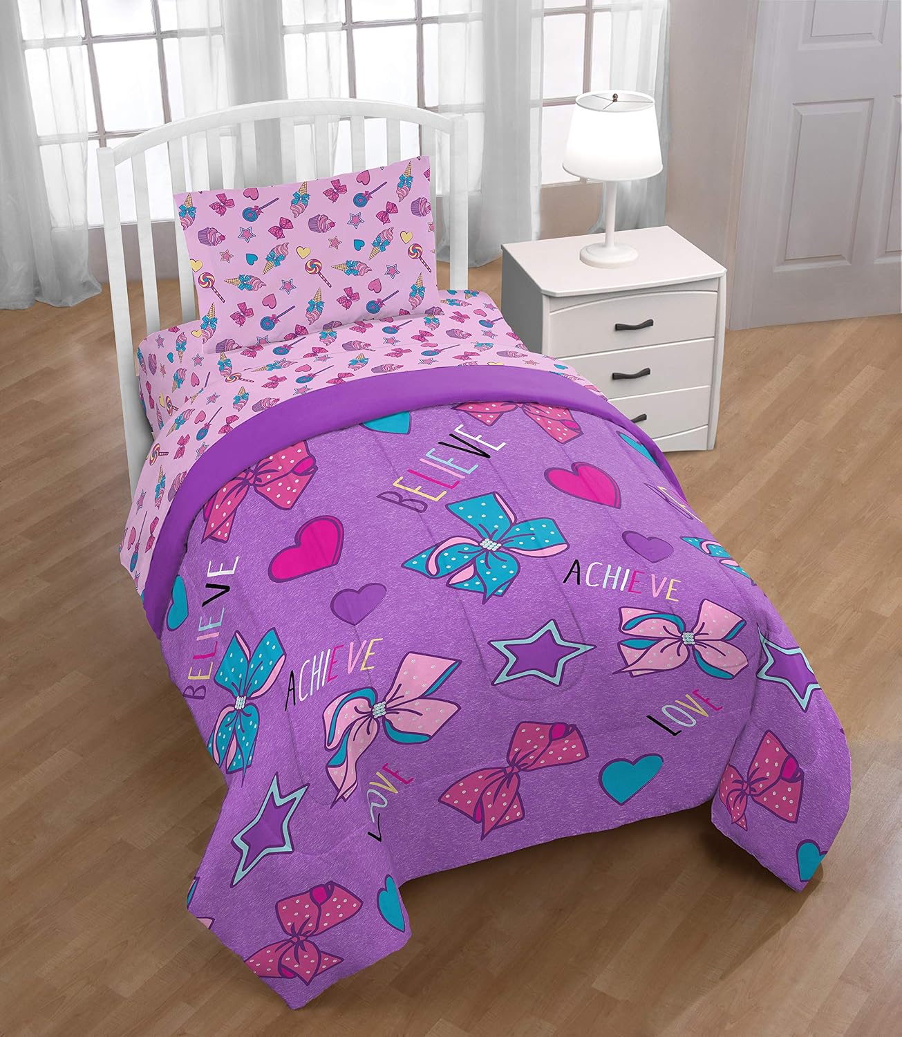 Super Deal Product Jay Franco JoJo Siwa Dream Believe 4 Piece Twin Bed Set (Offical Nickelodeon Product), Purple One-Day Sale: Up to 40% Off Jay Franco JoJo Siwa Dream Believe 4 Piece Twin Bed Set (Offical Nickelodeon Product), Purple