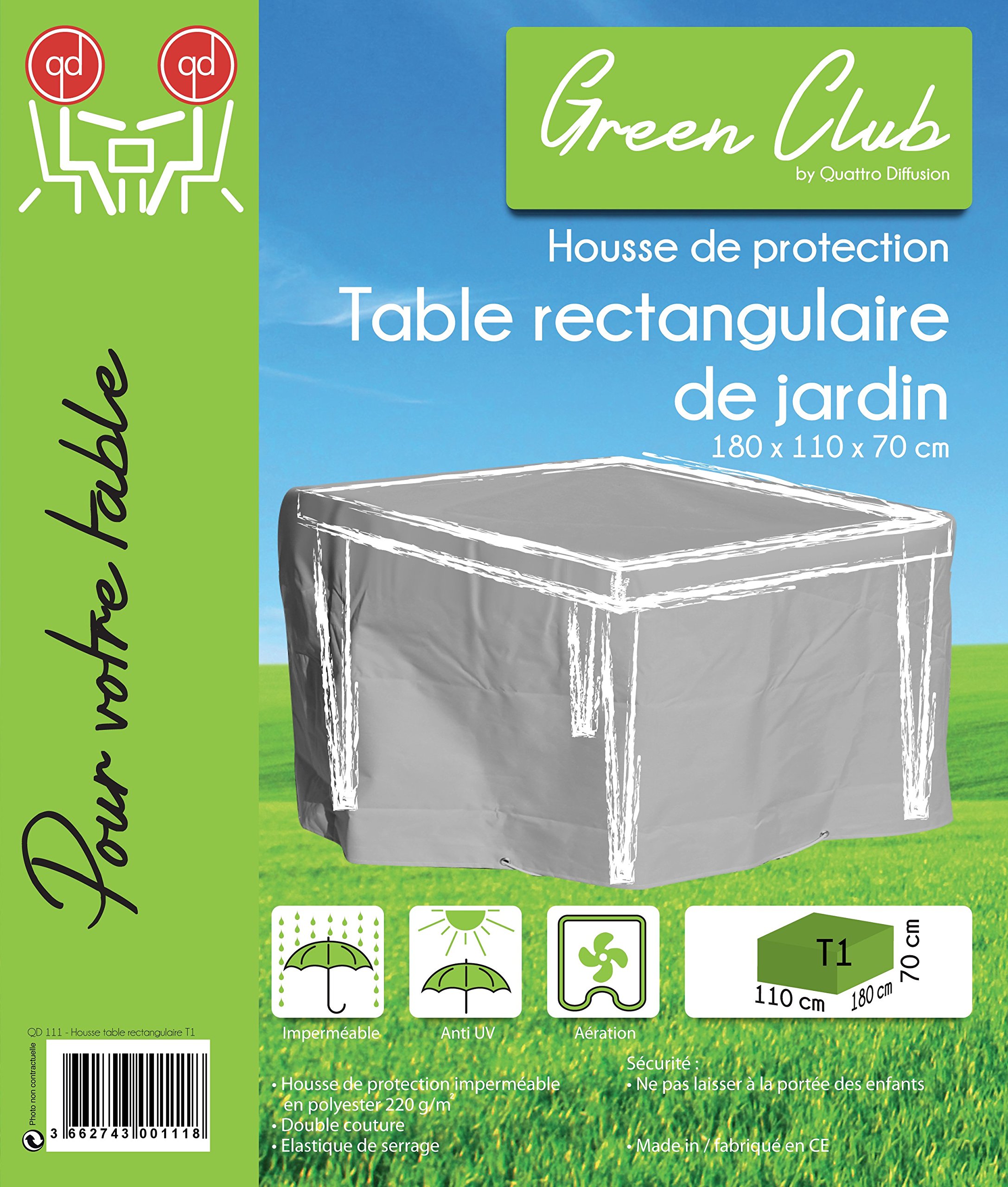 GREEN CLUB Housse de Protection Table de Jardin Rectangulaire Haute qualité Polyester L 180 x l 110 x h 70 cm Couleur Anthracite