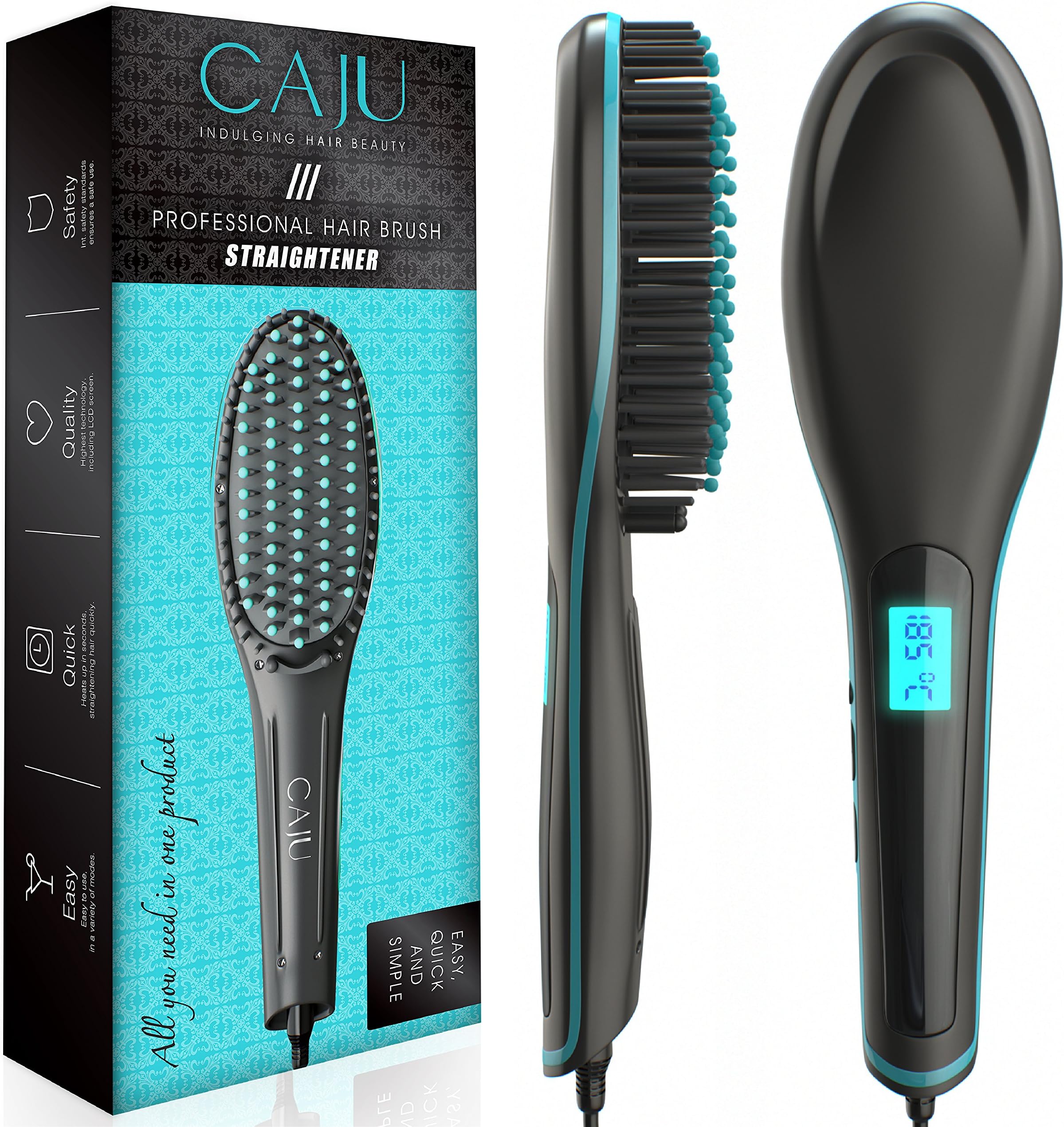 Caju Hair Straightener Ceramic Brush, Professional Electric Instant Heat Up Straightening Hot Comb for Silky Straight Hair, Frizz-Free, Top Quality Heat Resistant Coating Springy Bristles, Lcd Display