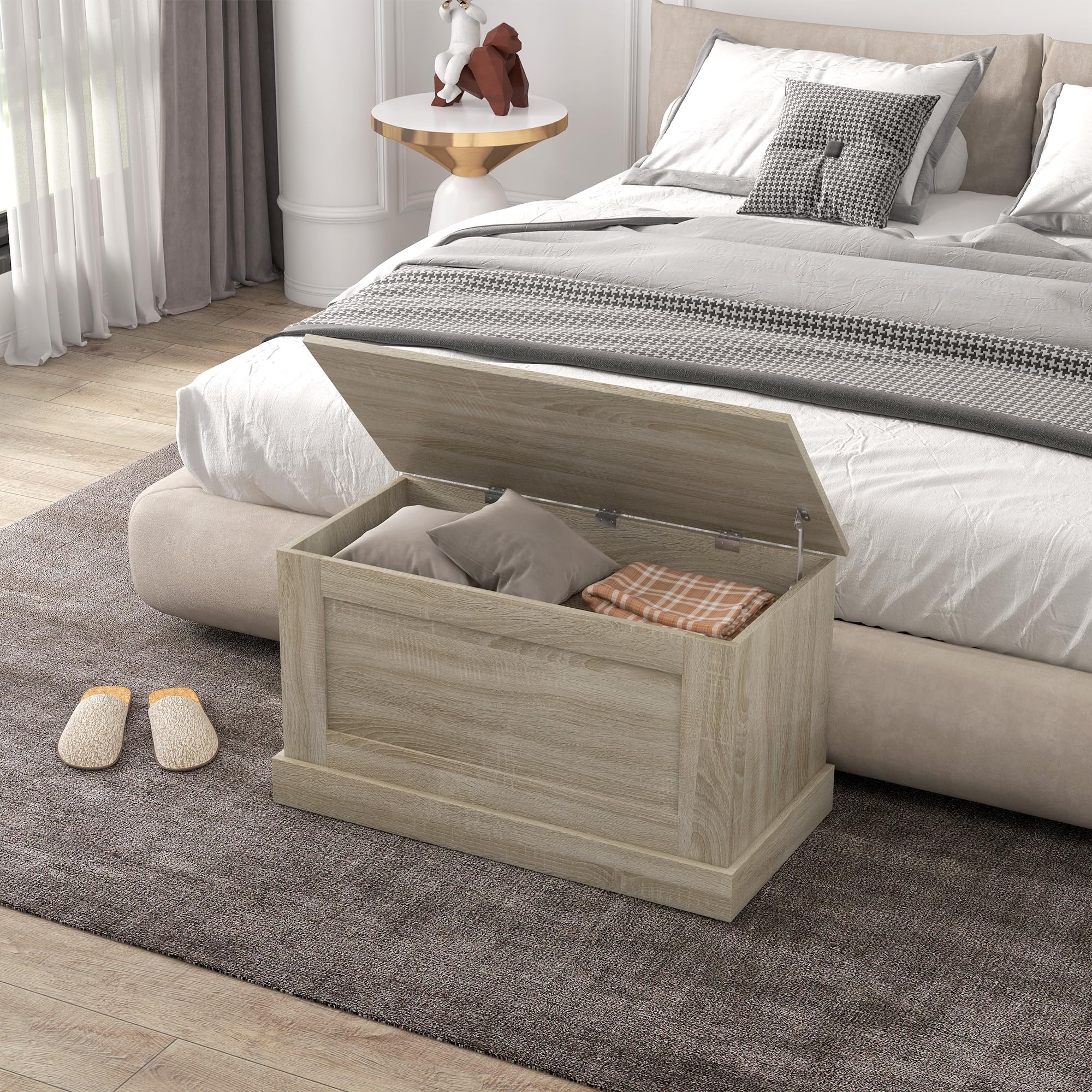 HOMCOM Baúl de almacenamiento, baúl de juguetes de madera, con bisagra de seguridad, para salón, pasillo, 80 x 40 x 45 cm, madera natural