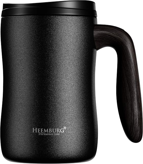 Heemburg Stainless steel coffee mug, thermal mug, vacuum insulated, tea cup, cup with handle and lid for office, desk, work