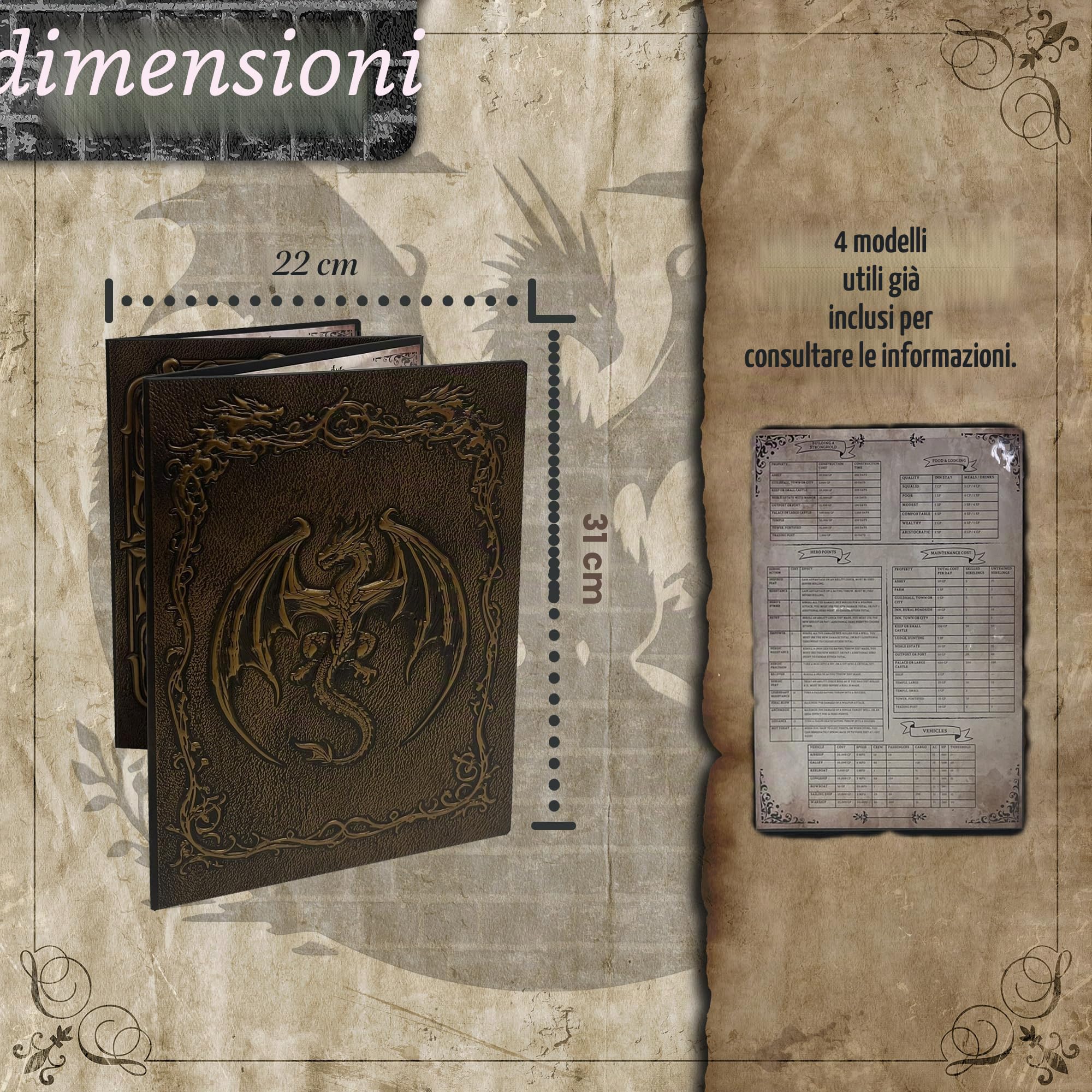 Schermo Dungeon Master con Vassoio per Dadi DOJA Hobbies, DM Screen DnD Pieghevole 4 Pannelli in Pelle Sintetica Dorata con Tasche Personalizzabili, Accessori Dungeons & Dragons Gioco di Ruolo
