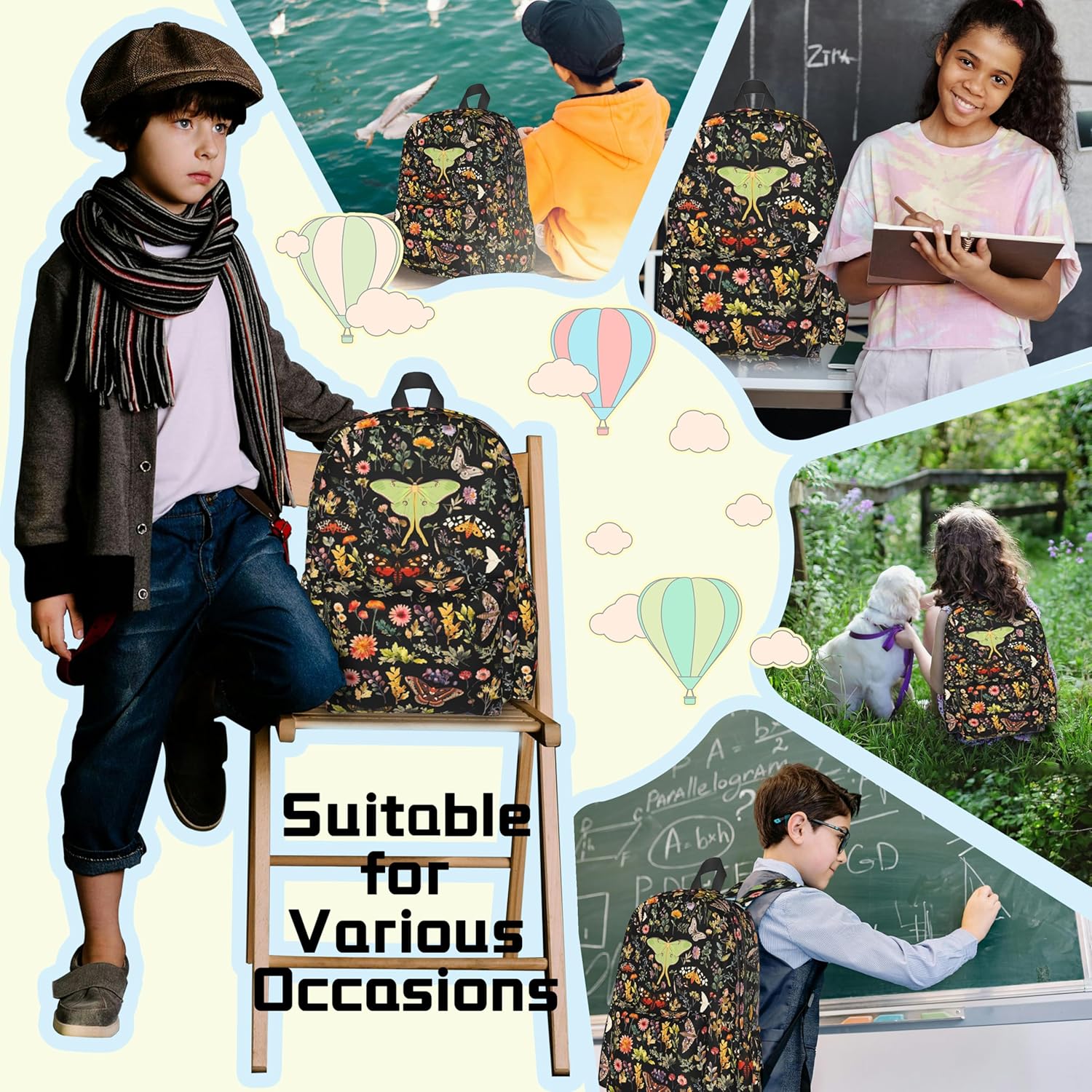 Butterflies Moths Flower Backpack School Bag Lightweight Bookbag Casual Daypack for Girls Boys Kids Women Men Travel Laptop 16 Inch