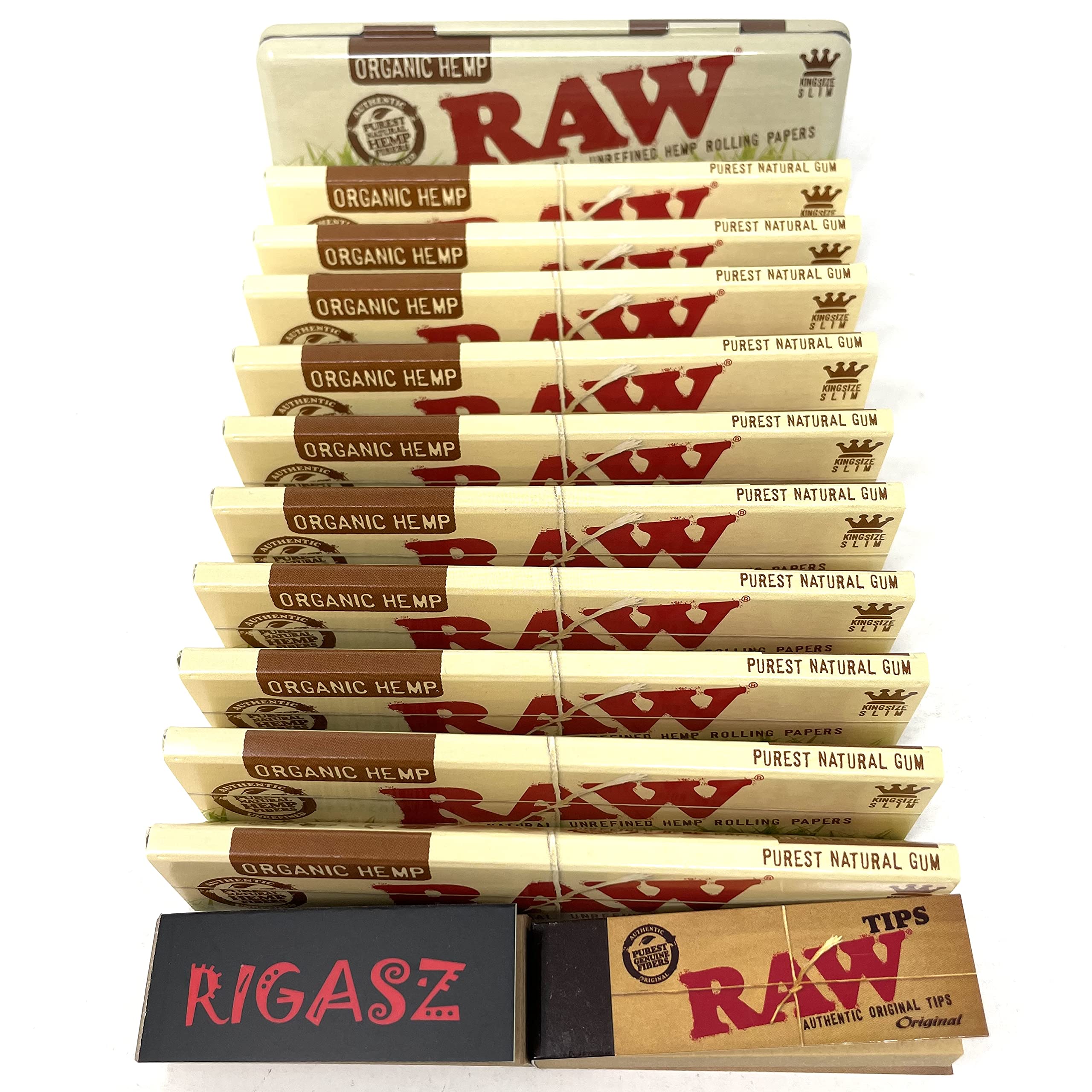 Reds GlobalTips Raw 10 Pack Organic King Size Slim Unbleached Rolling Papers with Paper Tin