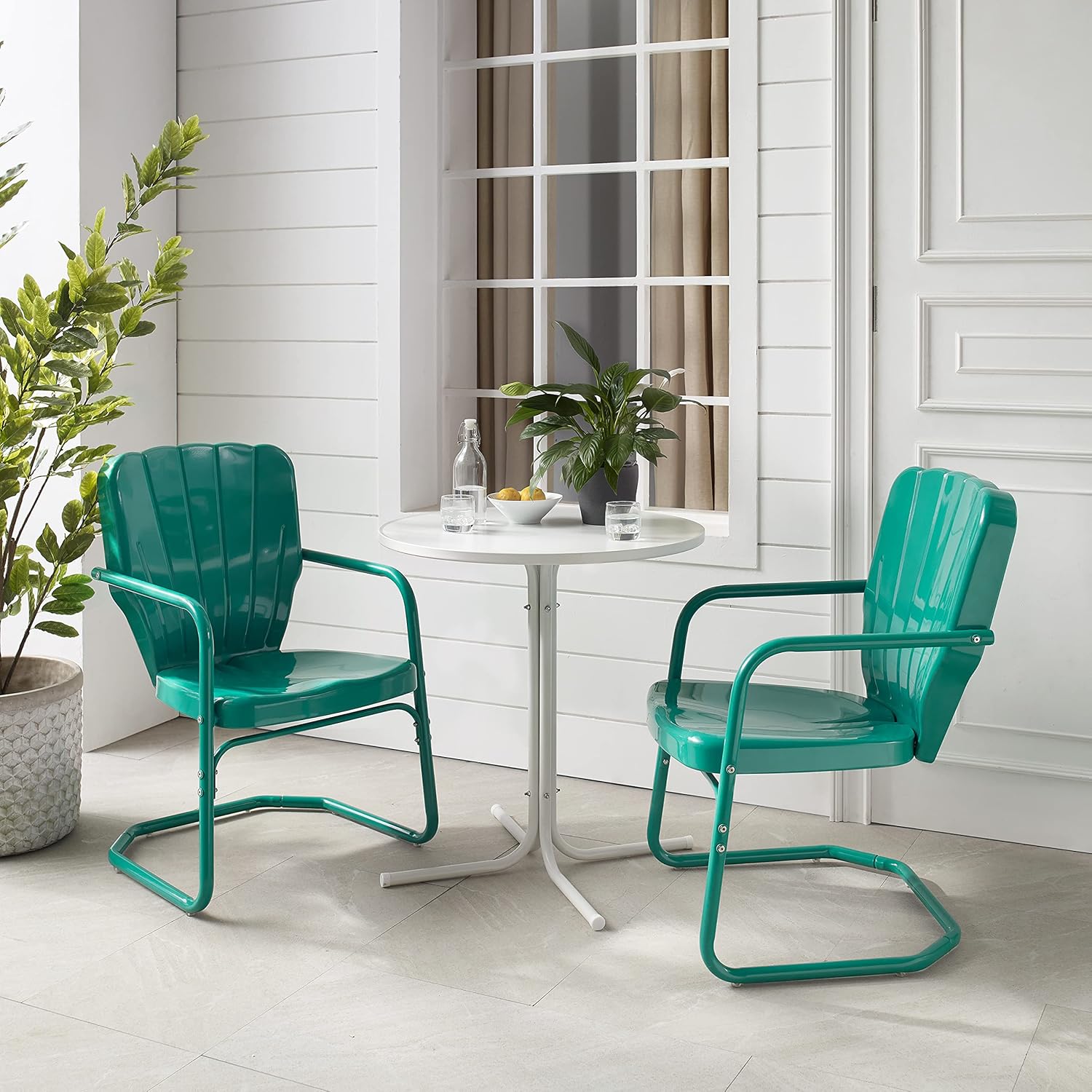 Crosley Furniture Ridgeland 3-Piece Outdoor Bistro Set, Retro Metal Patio Table and Chairs for Dining, Porch, Turquoise Gloss