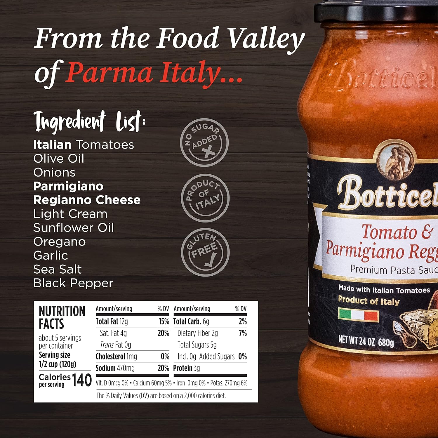 Parmigiano Reggiano Premium Italian Pasta Sauce by Botticelli, 24oz Jars (Pack of 2) - Gluten-Free - No Added Sugar - Product of Italy