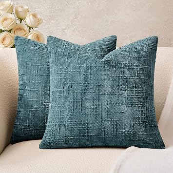 Throw Pillow Covers Teal Set of 2 18x18 Inch Pillow Covers, Soft Chenille Neutral Decorative Pillowcases for Couch Sofa Bed Living Room, Home Boho Decor, Modern Farmhouse Cushion Covers