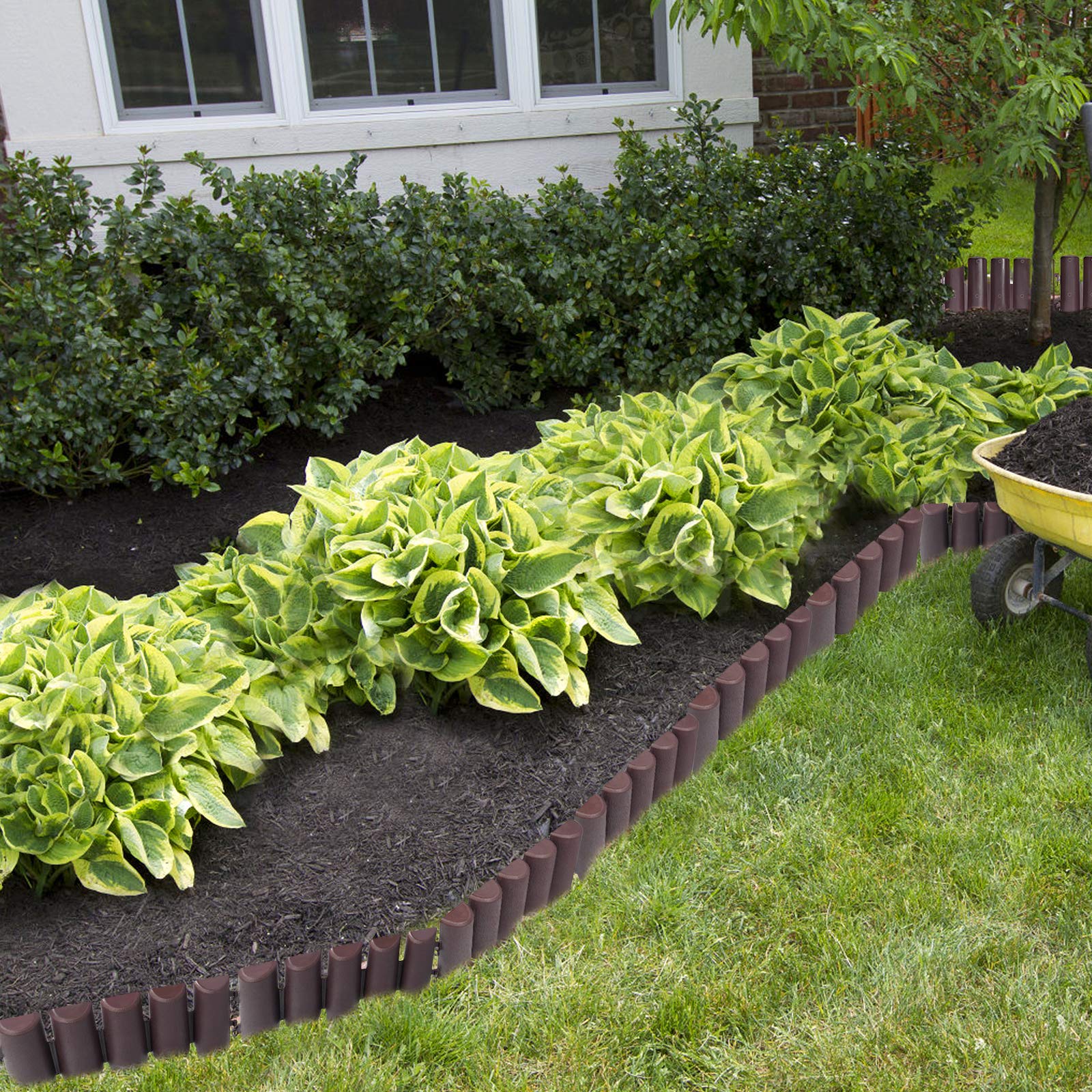 Froadp Bordo per prato, in plastica, 28 x 24 cm, effetto legno, decorativo per palizzata, bordo flessibile per aiuole da giardino, recinzioni per frutteti (14 m = 50 pezzi, marrone)