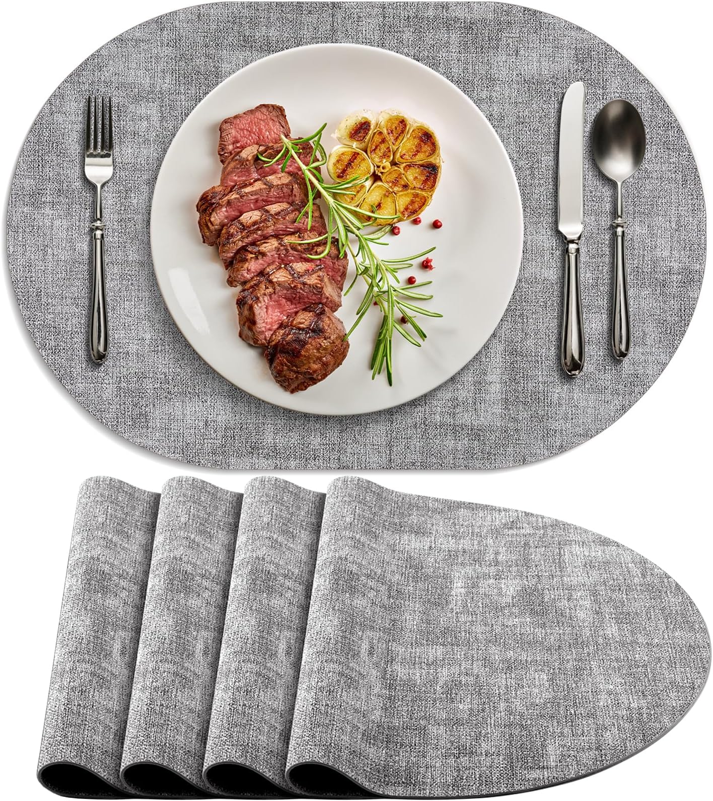 Placemats for Dining Table Set of 4 Non-Slip, Heat Resistant Oval Leather Placemat Double Layer, Waterproof Table Mats Easy to Clean for Kitchen Dining Room Coffee Office Table, Grey