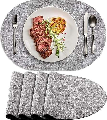 Miniatura 16 de Juego de 6 manteles individuales para mesa de comedor, antideslizantes, resistentes al calor, manteles individuales ovalados de cuero, de doble Azul