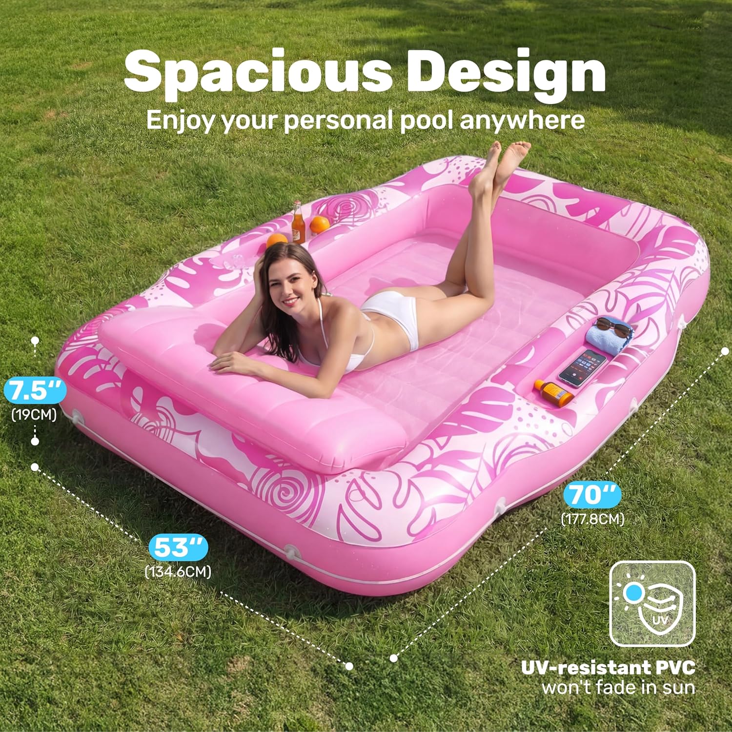 SLOOSH Inflatable Tanning Pool Lounger Float, 70" x 53" Pool Floats Adult with Cooler, 6 in 1 Suntan Tub Raft Floatie,Sunbathing Bed Lounge for Water Blow Up Ball Pit Party Gifts