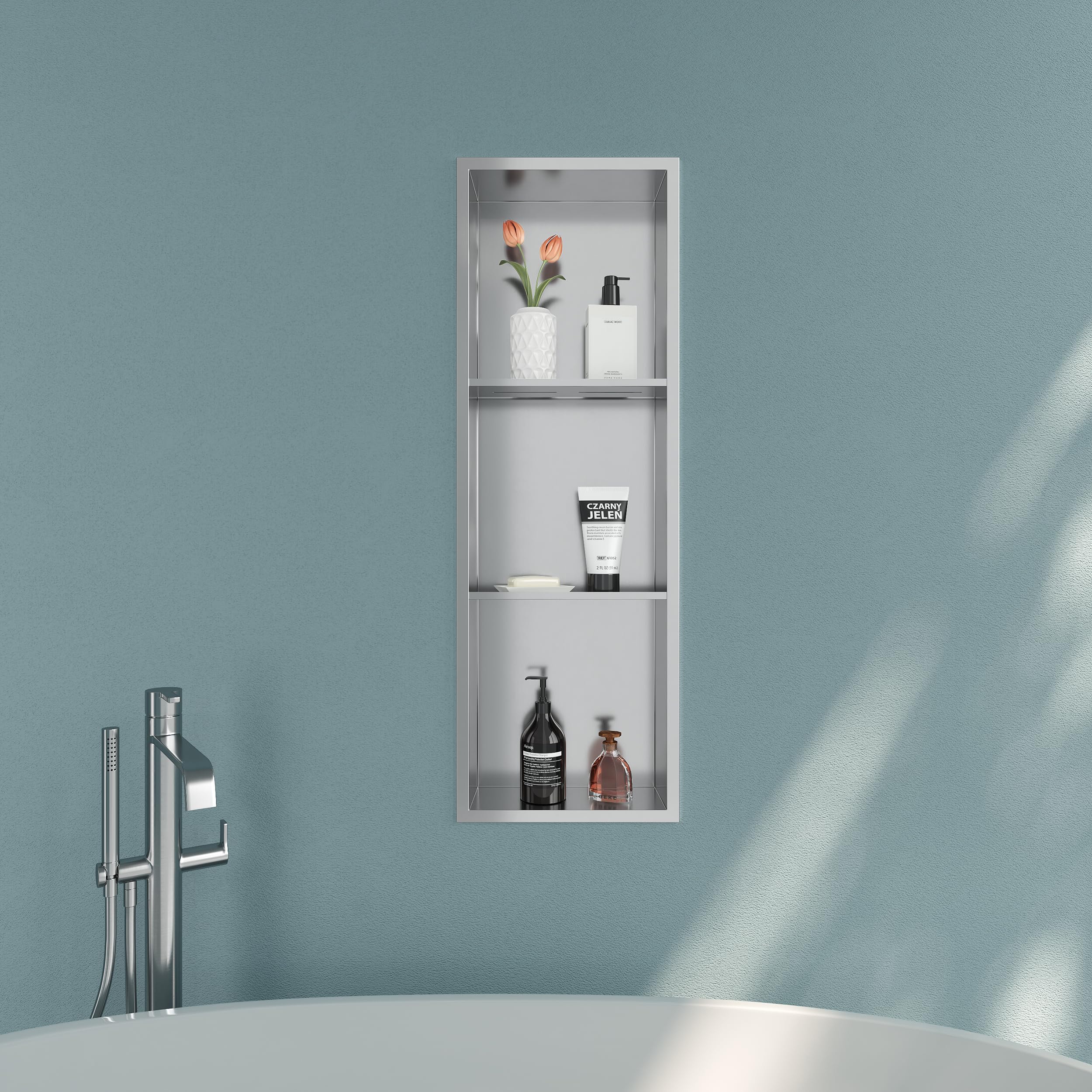 Qeke Shower Niche, Rust Resistant Recessed Shelf, 3 Tiers, 90 cm, Nickel