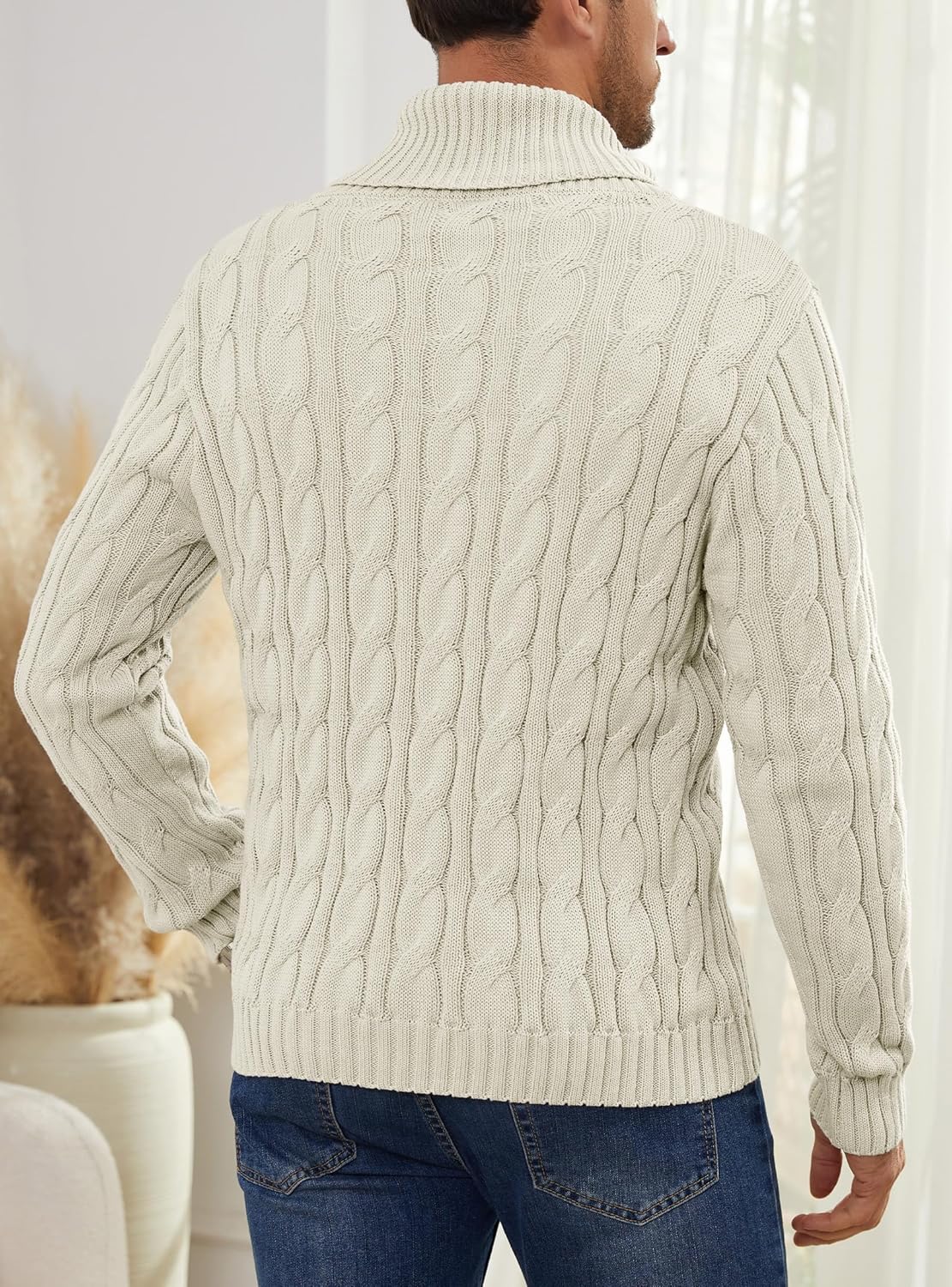 Men's Casual Knit Fisherman Sweaters Fall Winter Sweater V-Neck Cable Pullover Warm Knit Sweater for Men - Image 4