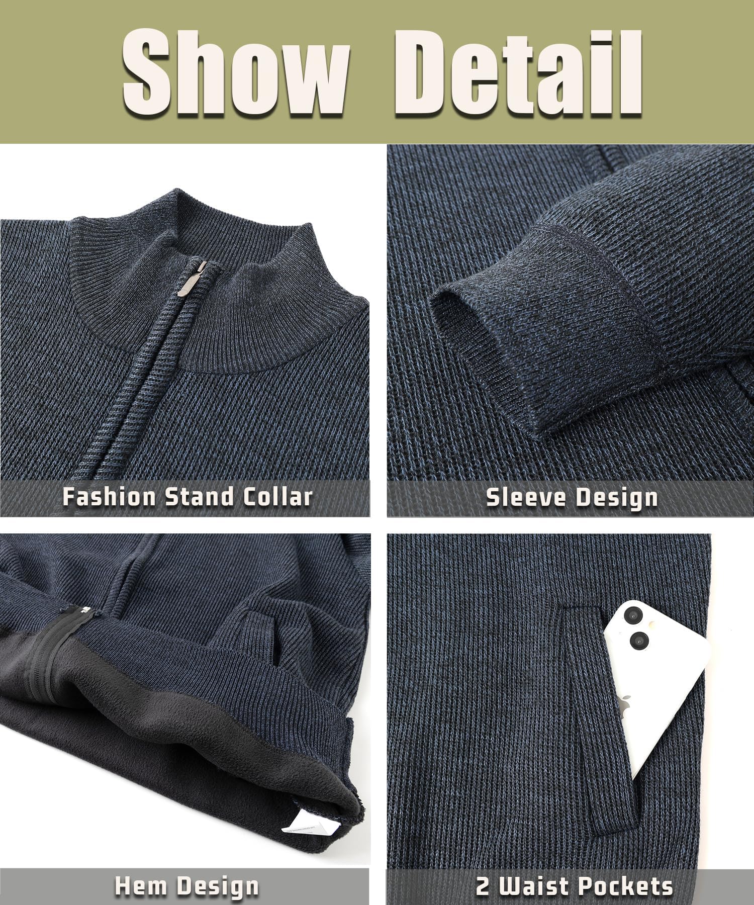 Cárdigan de Punto para Hombre Suéter Grueso Cremallera Cuello Alto Chaqueta Cálido Forro Polar Invierno