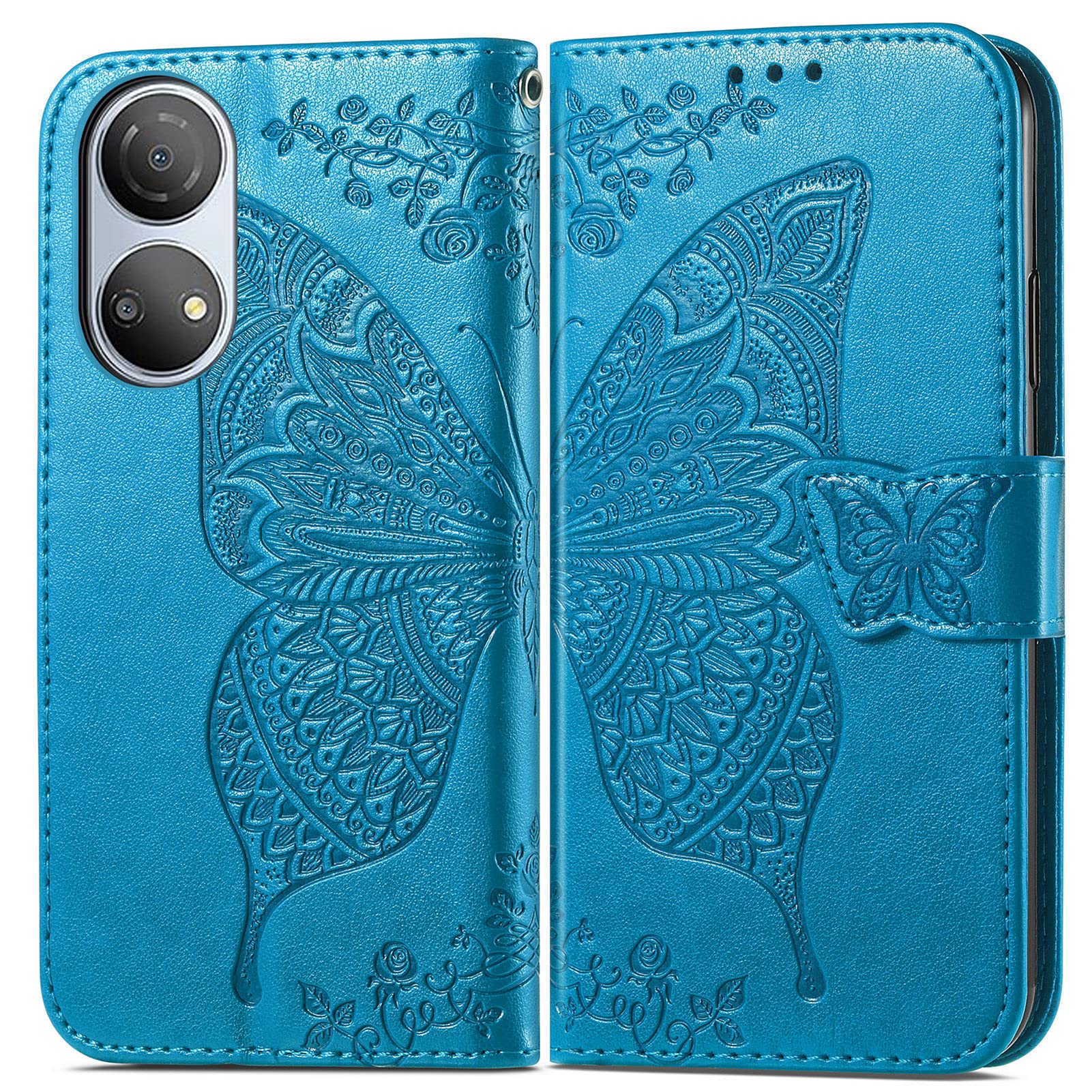 JIUNINE Cover per Honor X7, Custodia Libro in Pelle Portafoglio Case Flip Antiurto con Disegni di Farfalla [Porta Carte] [Magnetica] [Interno TPU] per Honor X7, Blu