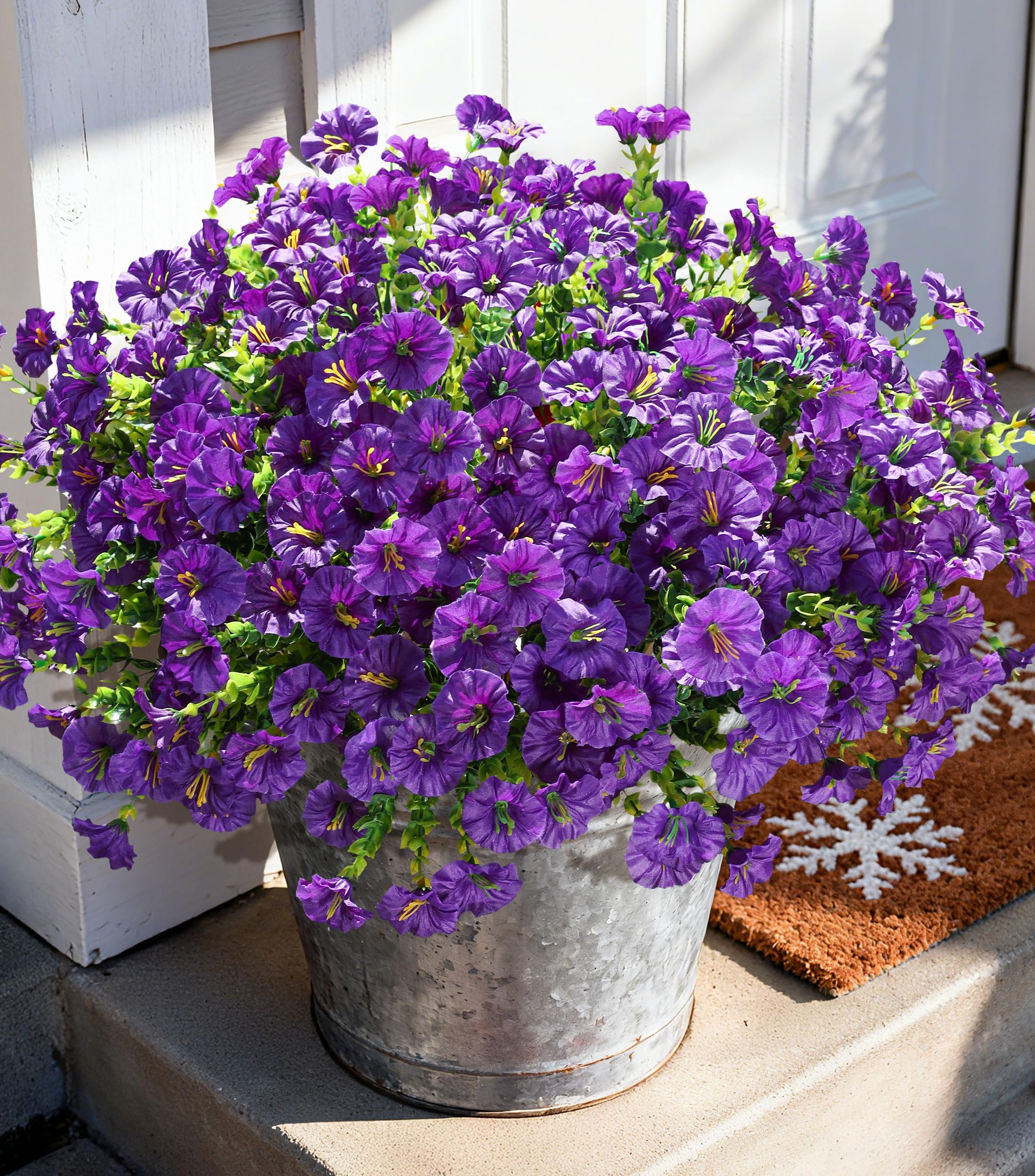 Artificial Flowers Fake Plants for Outdoors Decoration, 12 Bundles Purple Silk Morning Glory with Eucalyptus Realistic UV Resistant Faux Flowers Greenery for Outside Planter Yard Garden Home Indoor