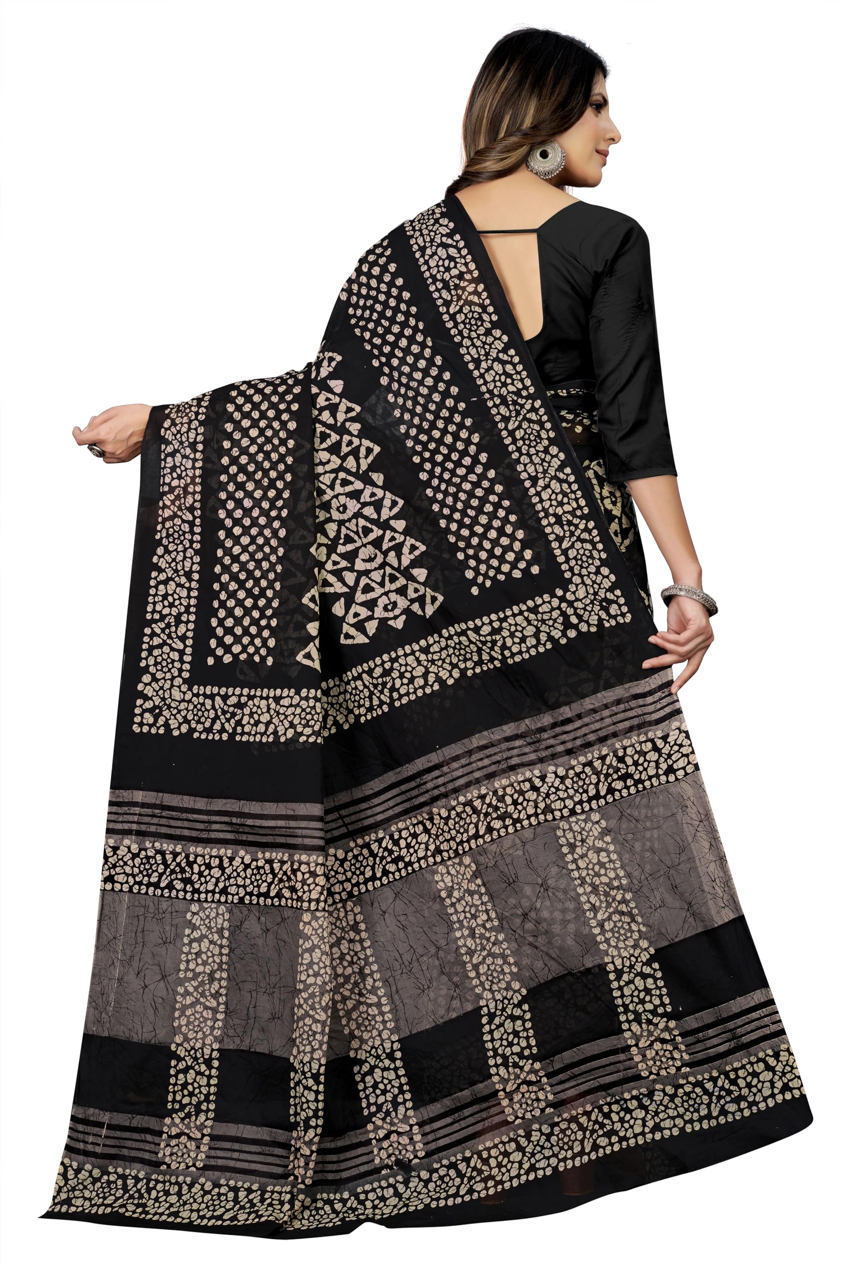 Tamaira Fashion Women's Batik Printed Pure Cotton Saree Without Blouse Piece(2456_Black)