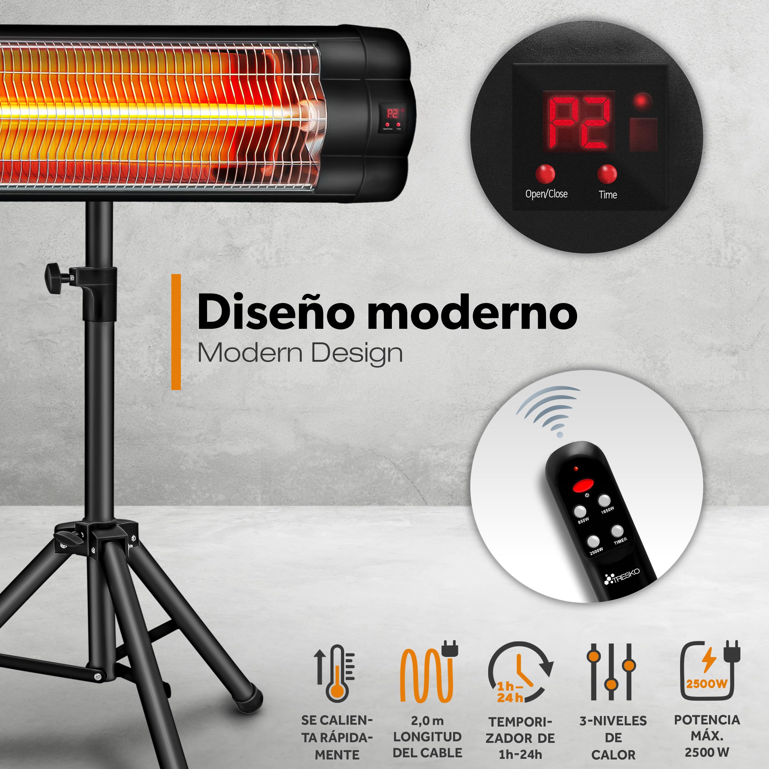 TRESKO Calefactor por Infrarrojos para Terraza | 2500W + Control Remoto | Estufa Radiante con 3 Temperaturas | Radiador Eléctrico para Exterior e Interior | Calentador con Altura Regulable (Negro)