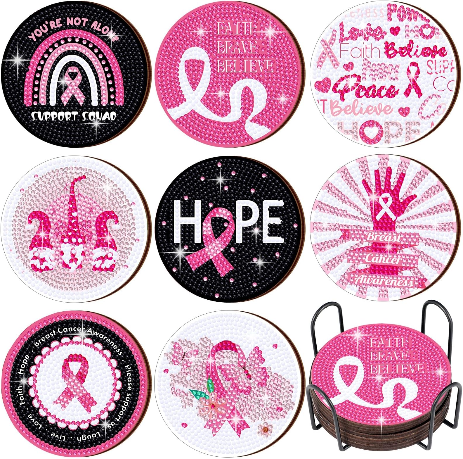 Shellwei 8 Pcs Breast Cancer Awareness Diamond Art Coasters Pink Ribbon Diamond Painting Coasters with Holder Breast Cancer Diamond Painting Kit Pink Gnome Diamond Crafts for Adults Women DIY Gift