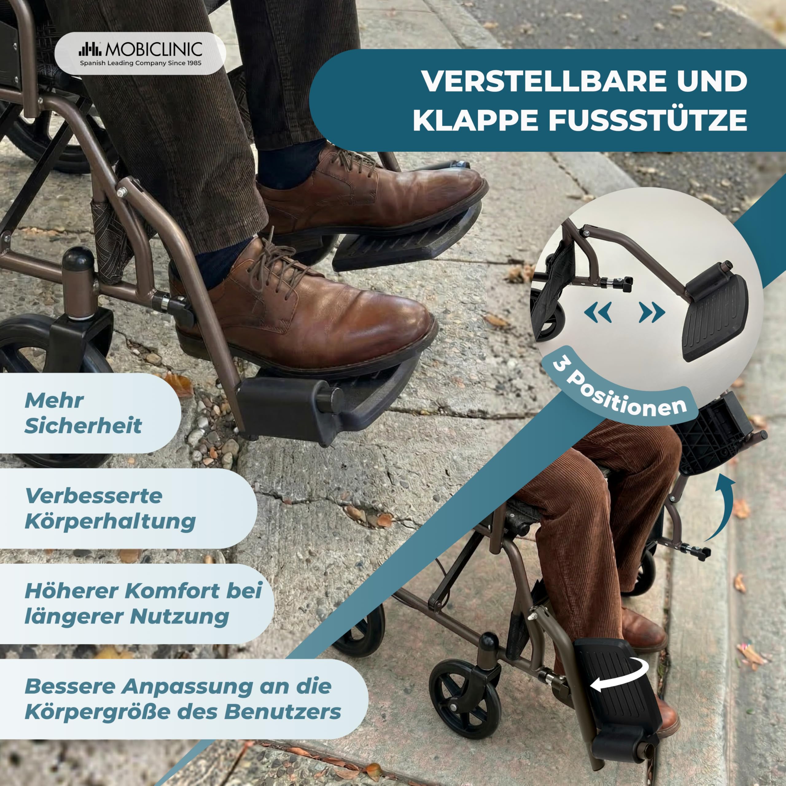 Mobiclinic®, Faltbarer Rollstuhl, mit klappbarer Rückenlehne und Fußstützen, Doppel Bremssystem, Gepolsterten Armlehnen, Stahlrahmen, Leicht und Kompakt, Kefren