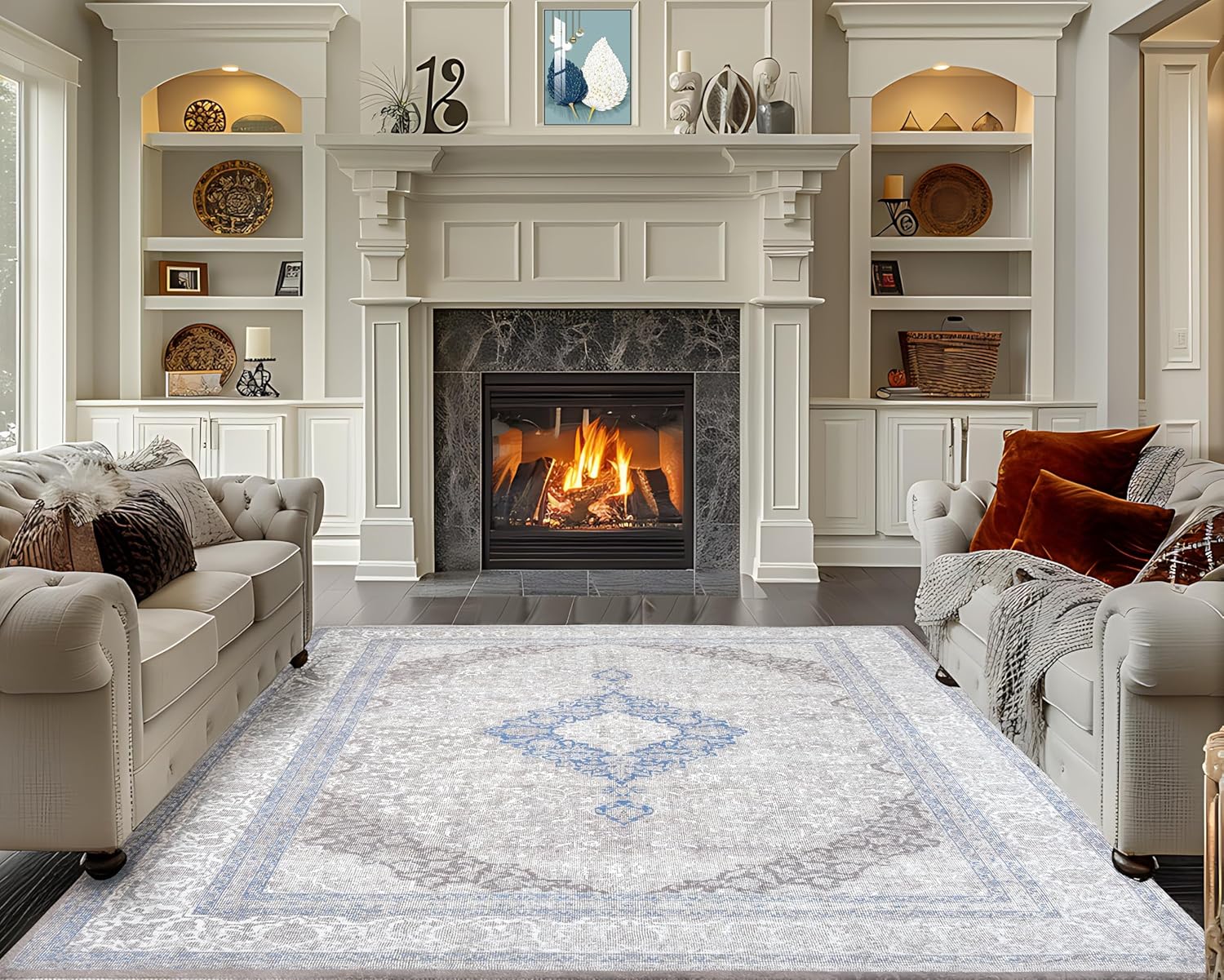 Monolia Area Rug 8'x10' Washable Rug, Vintage Floral Rug, Gray Traditional Indoor Carpet, Non-Slip, Foldable & Ultra-Thin for Bedroom, Living Room, Kitchen - Soft & Pet-Friendly, Machine Washable 8' x 10' (Rectangular) Blue / Stone