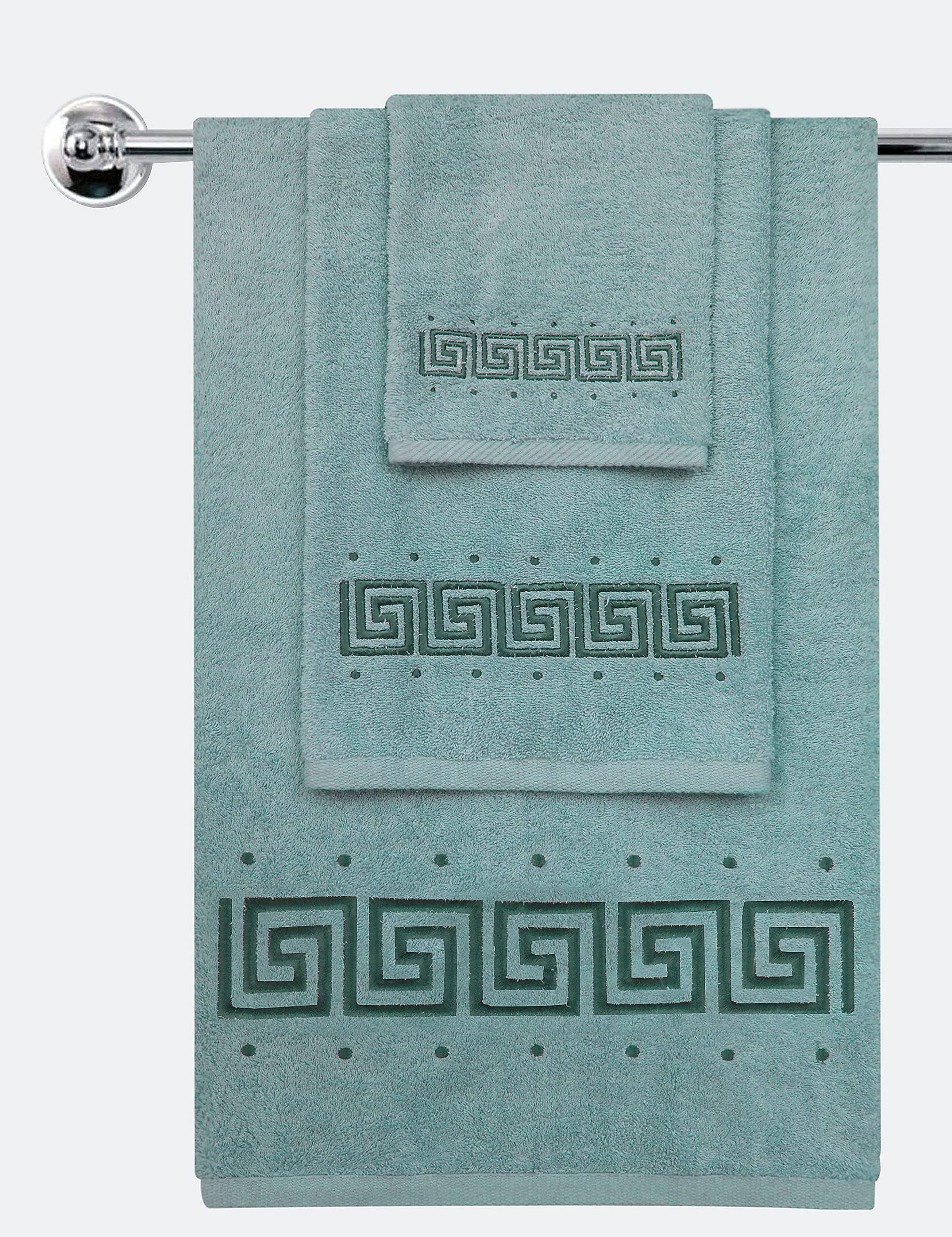 Decorative Greek Key 100% Cotton 3 Piece Set - 650 GSM - Soft and Absorbent - Embroidered Towels Gift Set - 1 Bath Towel, 1 Hand Towel, 1 Guest Towel - Hotel Collection Bathroom Towel (Teal) โ image 1
