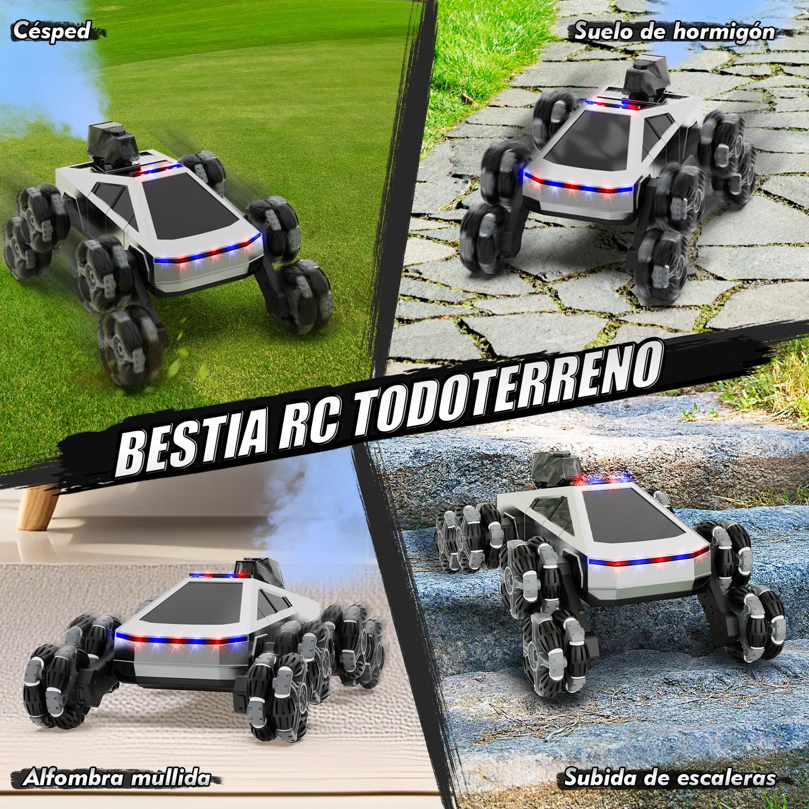 Coche Teledirigido RC Acrobático 8 Ruedas, Vehículo Todoterreno con Mando a Distancia & Control Manual, Luces LED, Música, Spray, Juguete para Niños 5-11 Años, Regalo Cumpleaños, Navidad y Reyes Magos