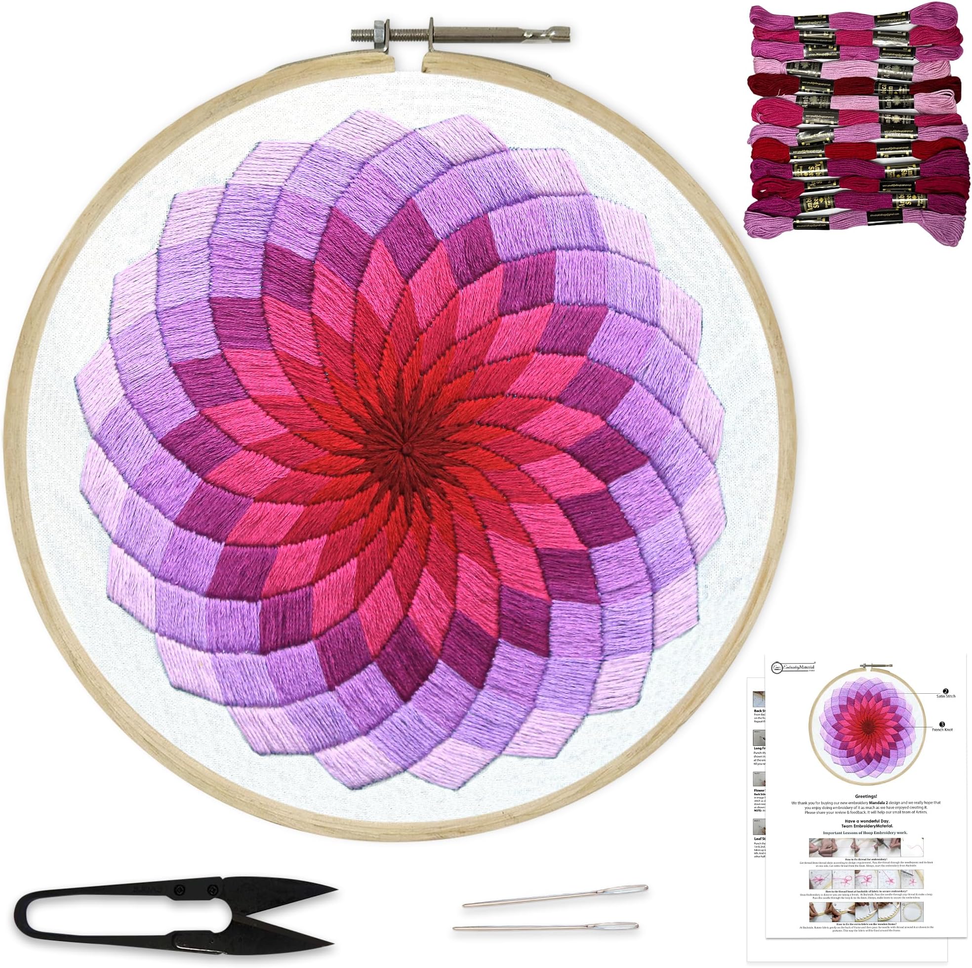 Diy Embroidery Kit For Beginner, Adults & Kids With Mandala Circle Design Digital Printed Cloth/Fabric & Written Instructions All Material Included, Multicolor