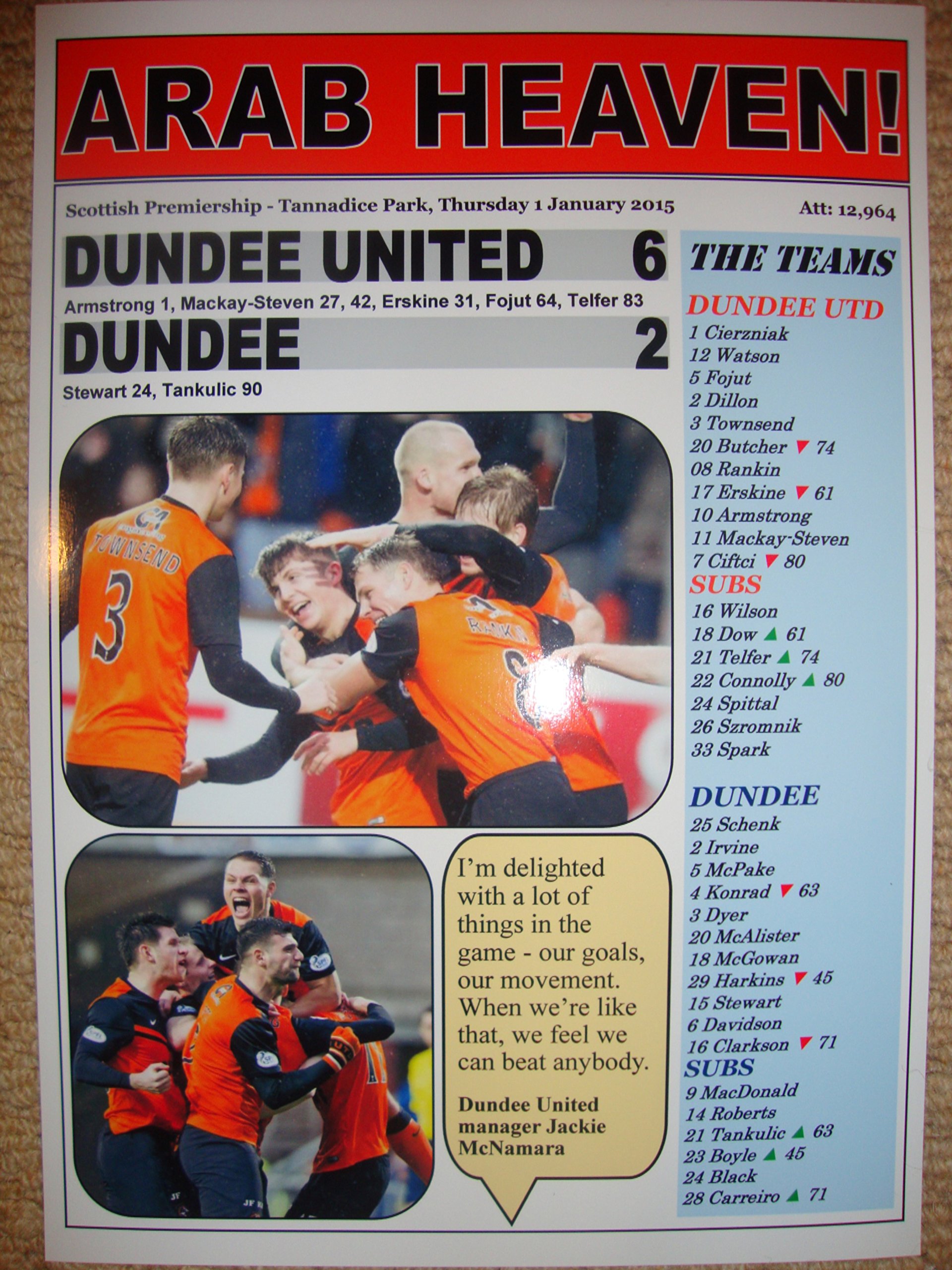 Lilywhite Multimedia Dundee United 6 Dundee 2 - 2015 - Souvenir Print