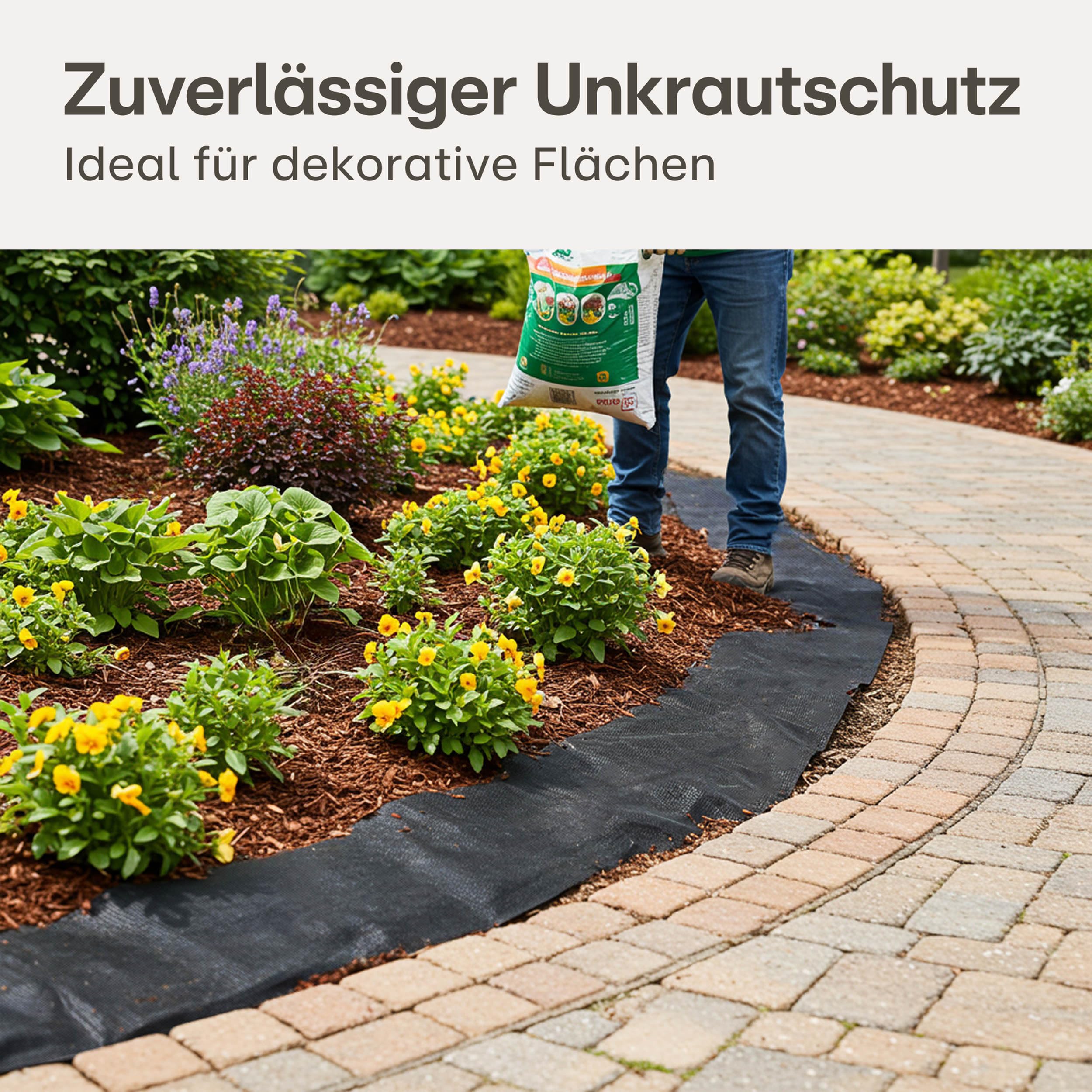 Praknu Gartenvlies 150g/m² mit 12 Erdankern – Extra Stark & Reißfest – 25m² Mulchvlies für dauerhaften Unkrautschutz – Für Wege, Kies & Steingärten