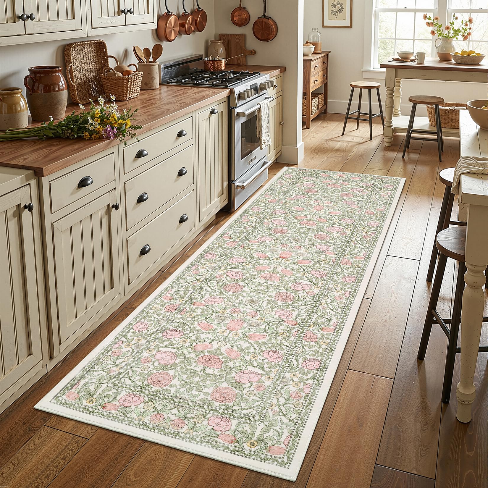 GarveeHome Pink and Green Vintage Floral 2x6 Runner Rug Washable Kitchen Rugs Non Slip Boho Long Rug for Hallways Bedroom Entryway Bathroom Mat with