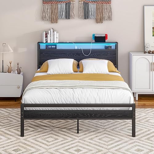 Miniatura 20 de BOFENG Base de cama individual con cabecera de almacenamiento/estación de carga USB, marco de cama de plataforma de metal resistente, tamaño Marrón