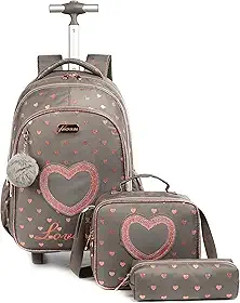 Mochila Rodinha Escolar Infantil de Lancheira e Estojo Lápis Ideal para Meninos e Meninas de 7 a 12 Anos (amor02)