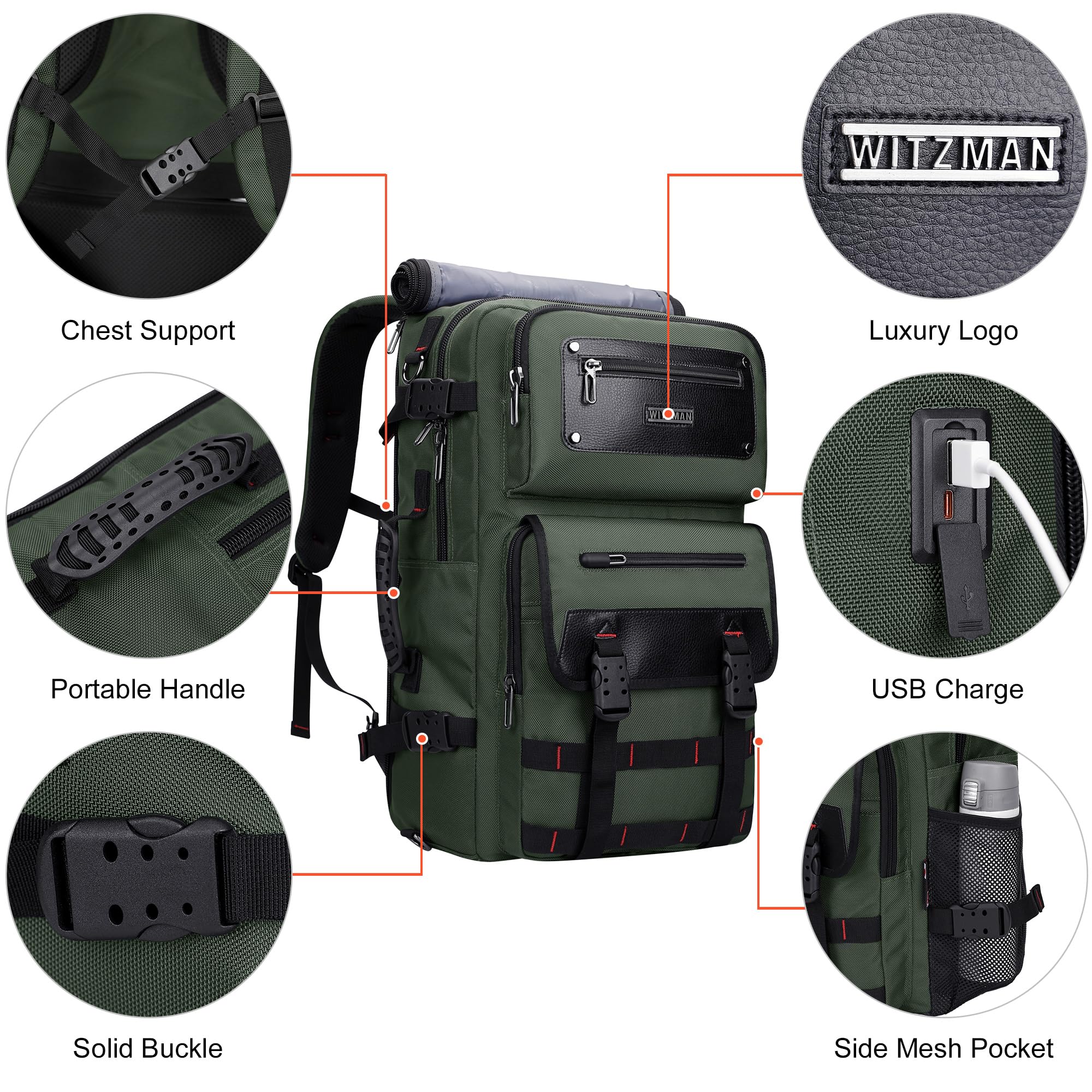 WITZMAN Reiserucksack Herren Nylon USB für 17 Zoll Laptop | Handgepäck-Design, Großer Stauraum, Praktische Organisation und Komfortables Tragen für Reisen, Arbeit, Alltag, B685 Grün