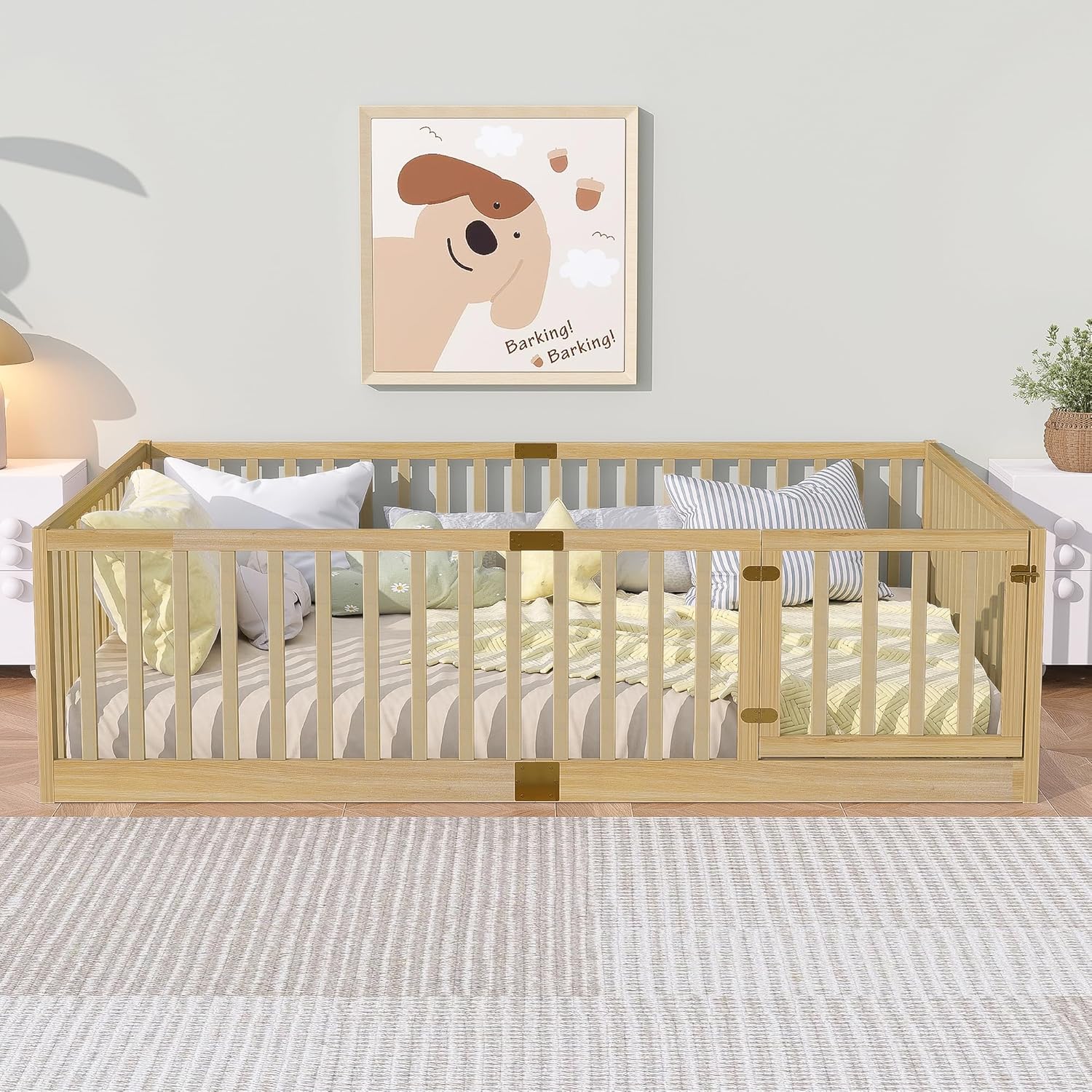 Full Size Montessori Floor Bed with High Rails and Slats, Solid Wood Floor Bed Frame with Door,Full Low Wooden Kids Beds with Guardrails for Boys Girls,No Box Spring Needed, Natural