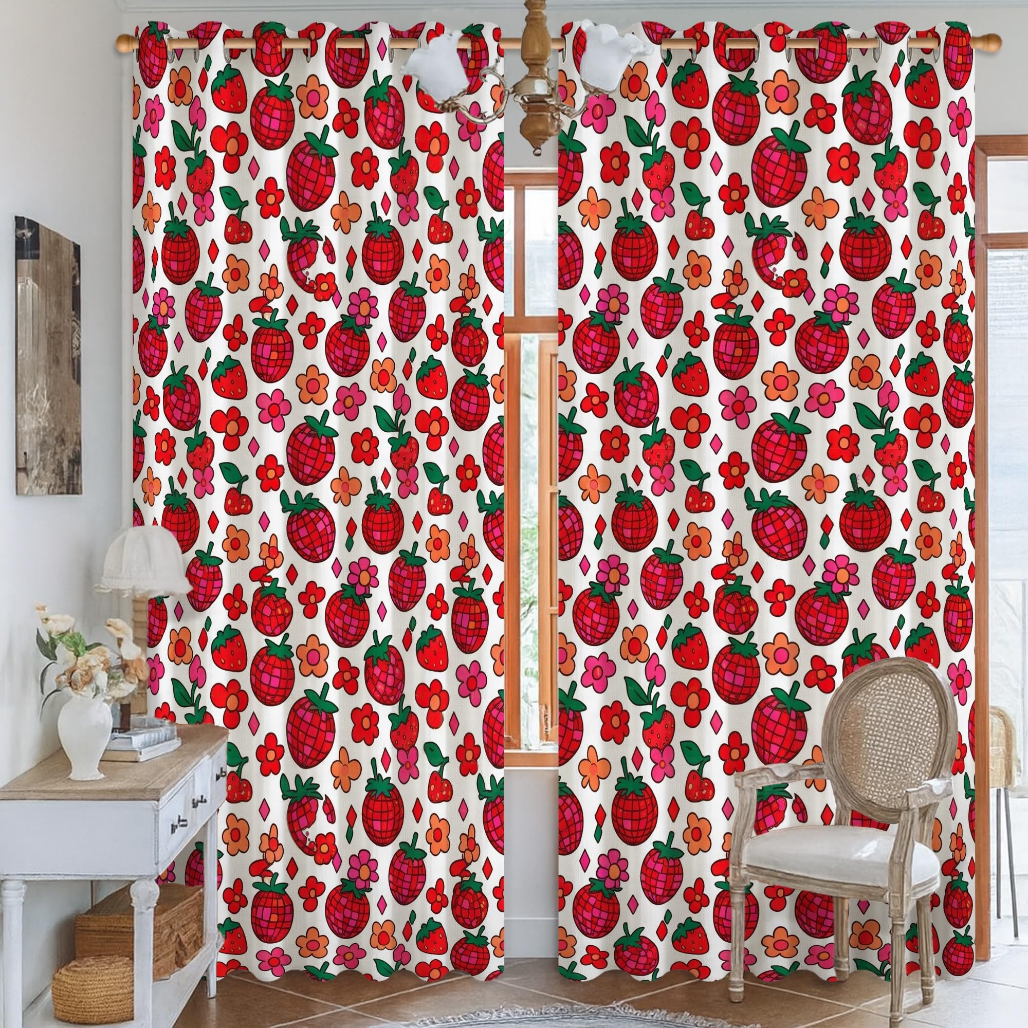 Rideaux occultants motif fraises rouge été grand format 132 x 241 cm